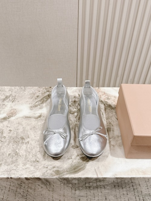 Miu Miu Women's Silver Leather Ballet Flats with Bow Accent - Size 35-40 1 Miu Miu Women's Silver Leather Ballet Flats with Bow Accent - Size 35-40