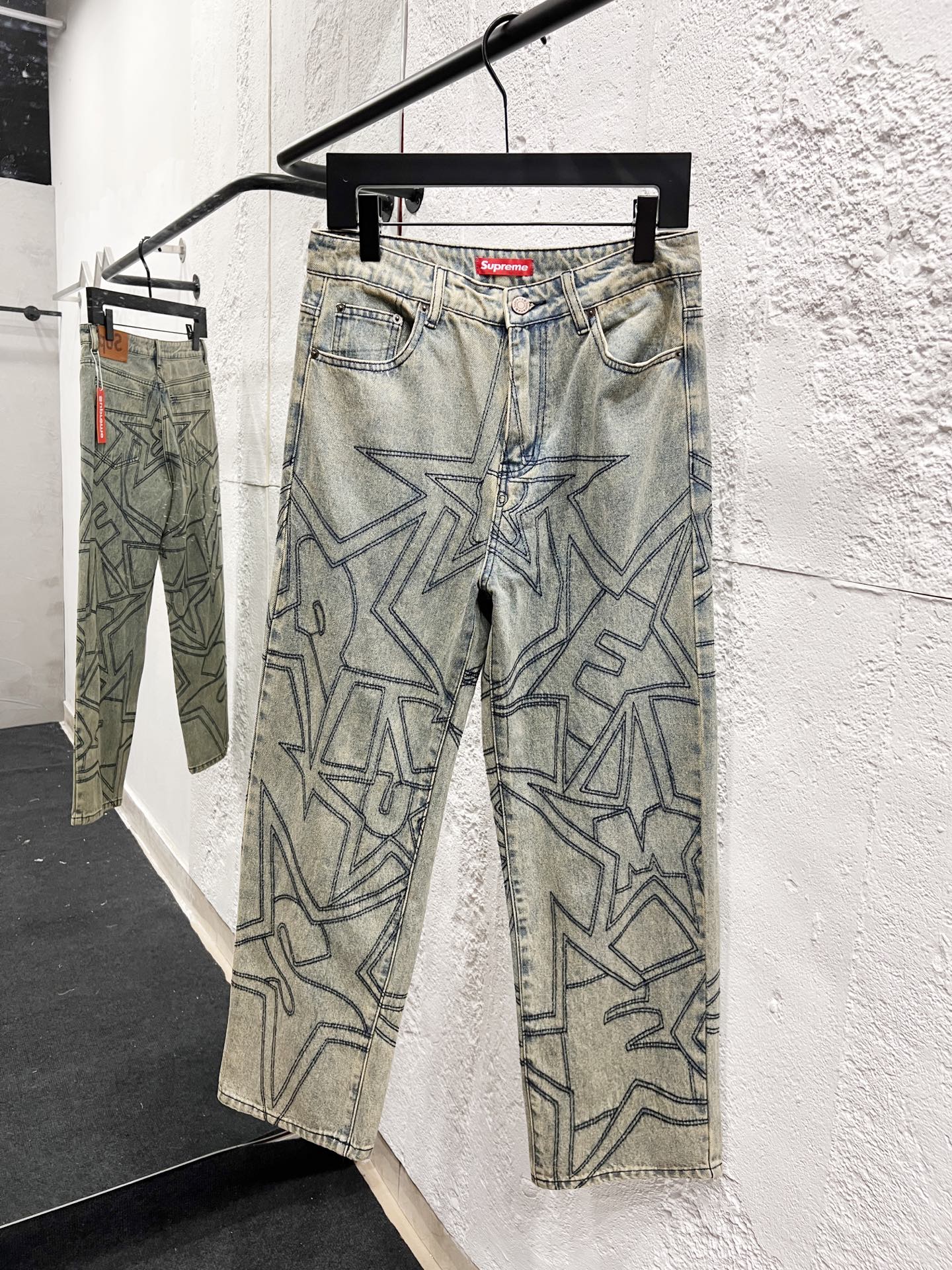 Modelo: H940 Supreme SS25 Jeans vaqueros casuales holgados con estrellas y costuras visibles, unisex, calidad…