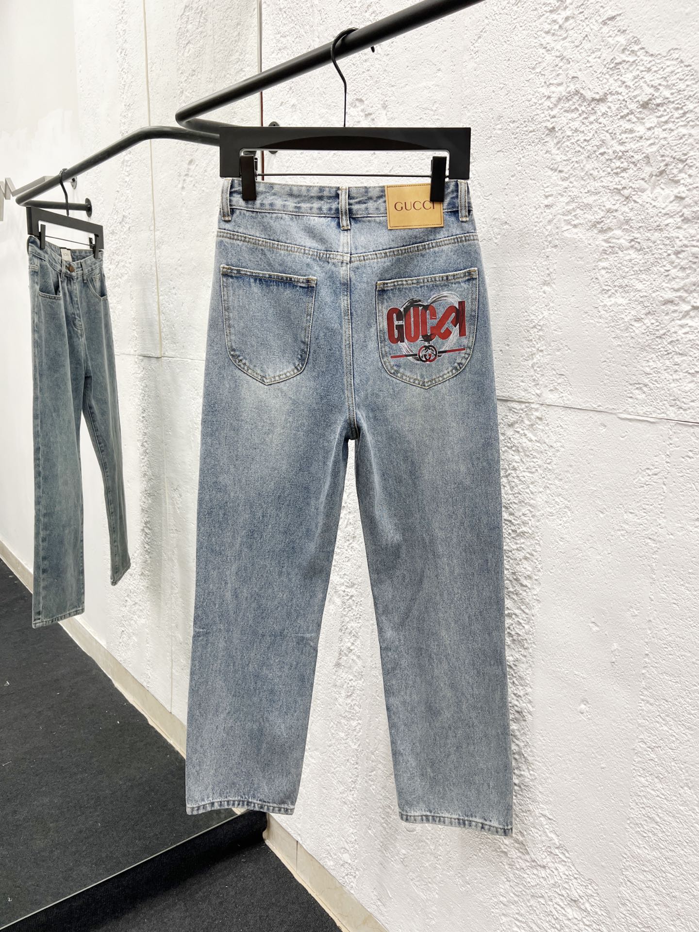 Gucci Men's Straight-Leg Jeans with Pocket Print - Light Blue