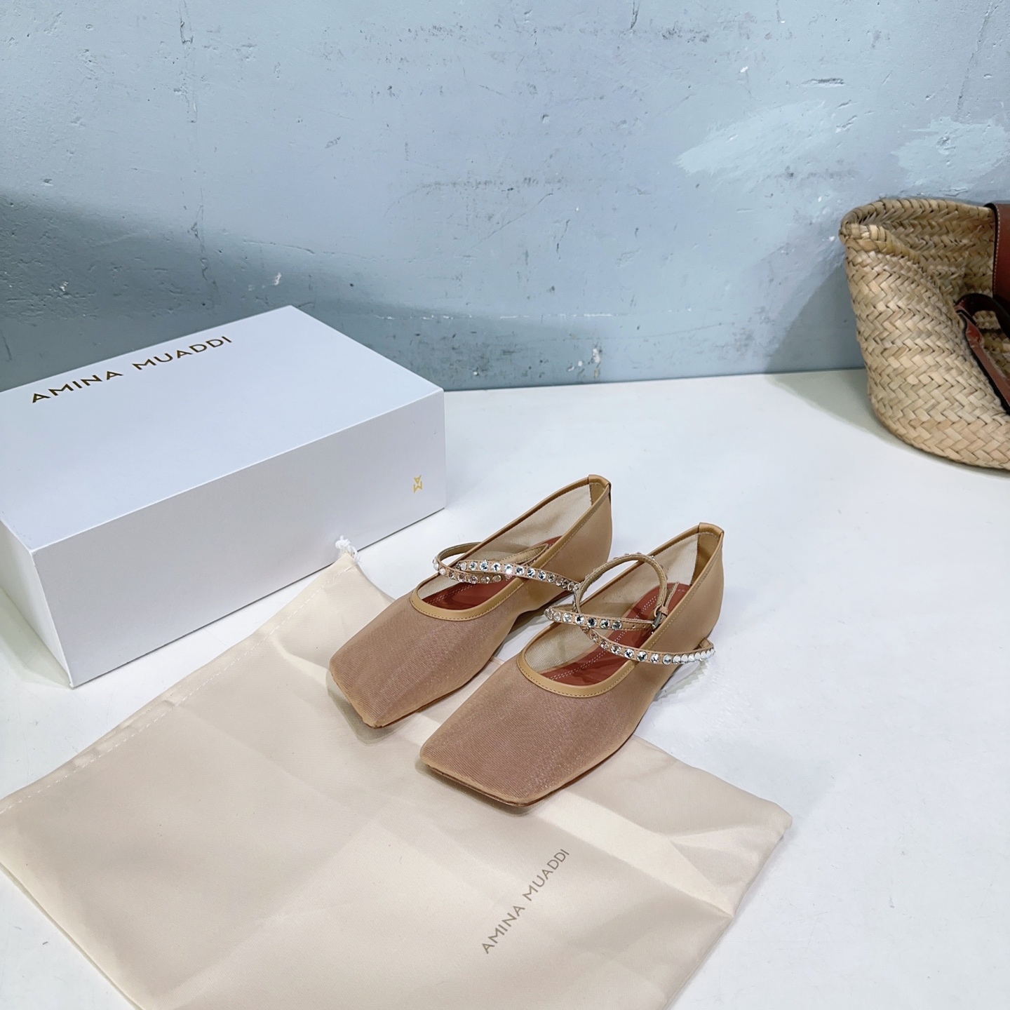 High-Quality Amina Muaddi French Ballet Shoes: Spring/Summer Collection Featuring Original Gauze and Czech Drilling.