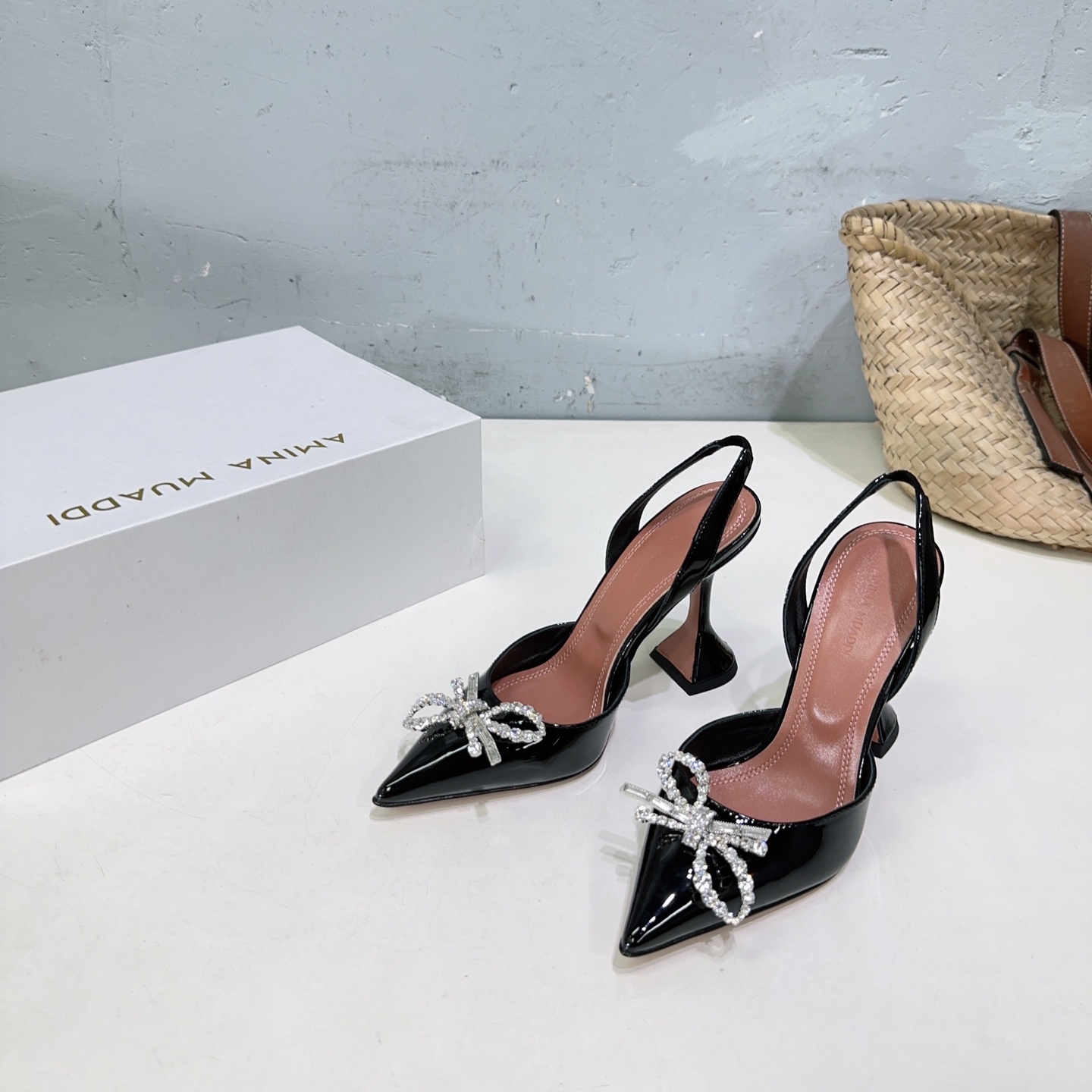 Amina Muaddi Spring Heel Shoes: High Quality, Fashionable, Imported Leather, Unique Design.
