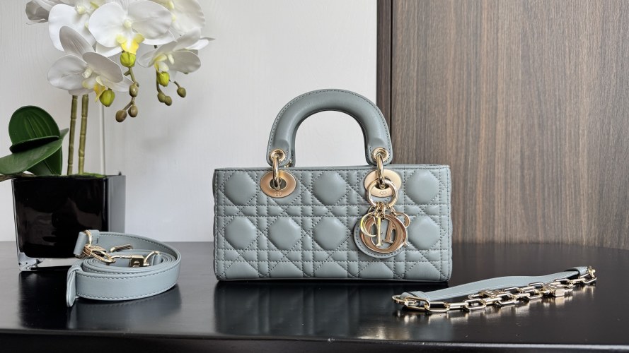 Dior Lady Dior Mini Bag Lambskin Gray Blue with Two Shoulder Straps 1 Dior Lady Dior Mini Bag Lambskin Gray Blue with Two Shoulder Straps