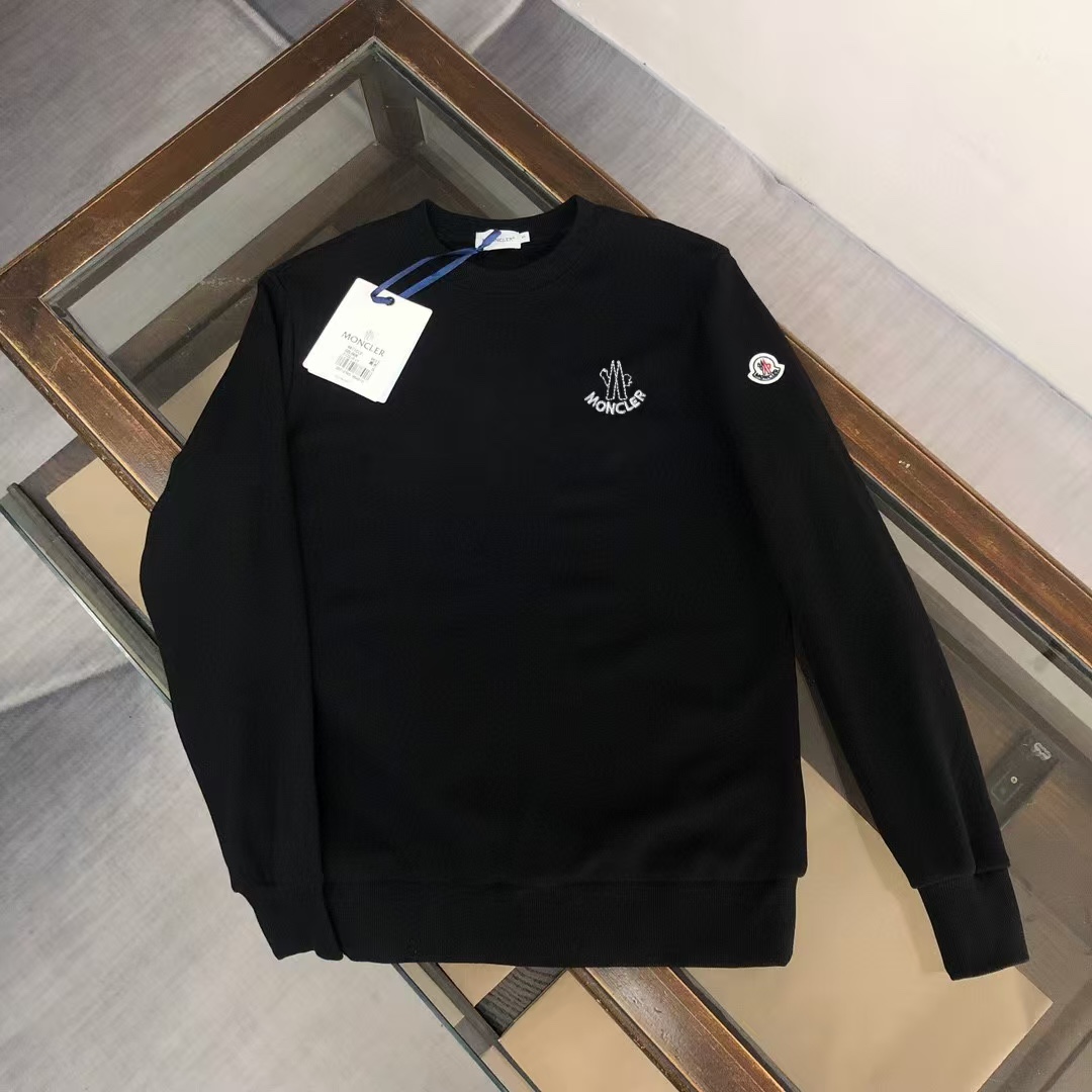 “Mon*CLER Round-Collar Coat with Logo Embroidery in Black, Sizes S-XXL”