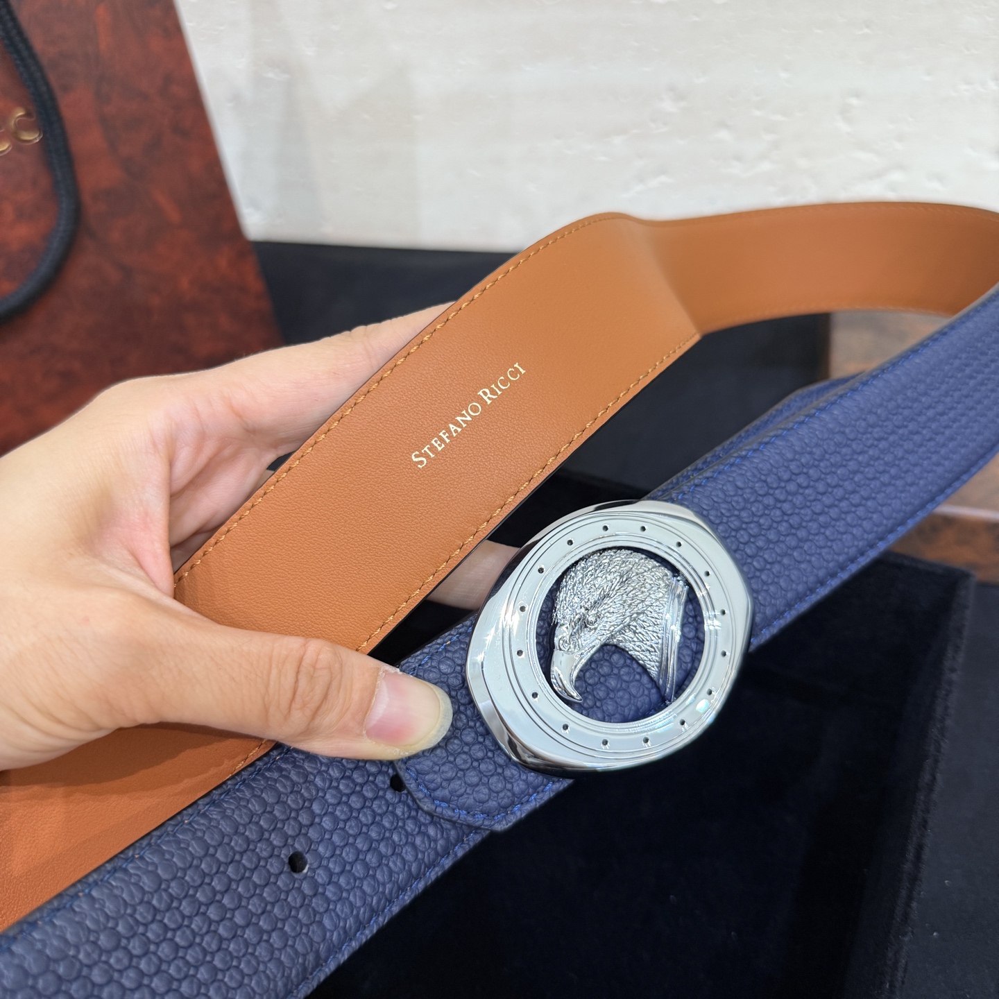 🅿️249 Stefano Ricci /🆕新款原單品質/精品經典鹰头鋼扣 底桥雕刻logo🐭原版压纹牛皮進口底皮-寬度38毫米