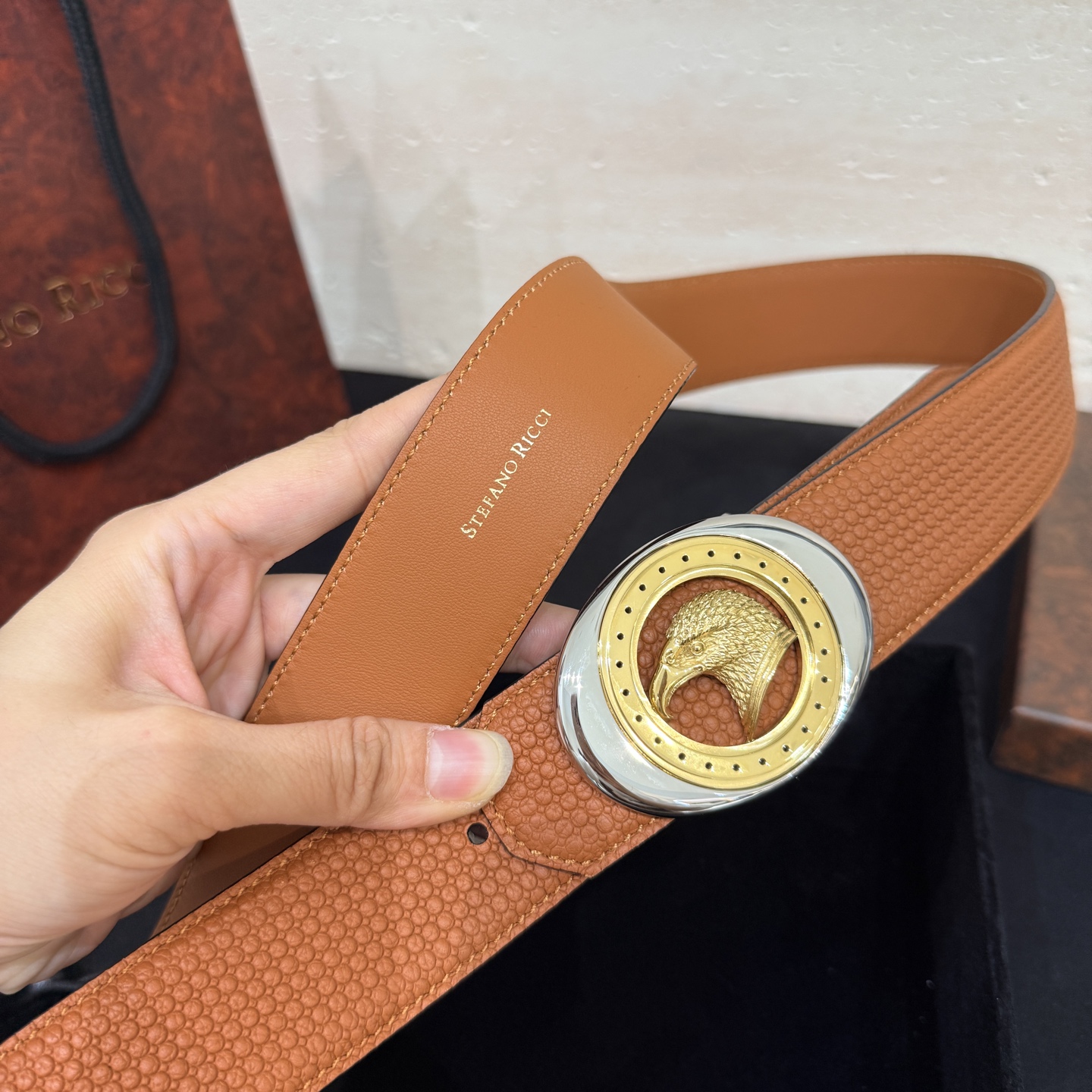 🅿️249 Stefano Ricci /🆕新款原單品質/精品經典鹰头鋼扣 底桥雕刻logo🐭原版压纹牛皮進口底皮-寬度38毫米