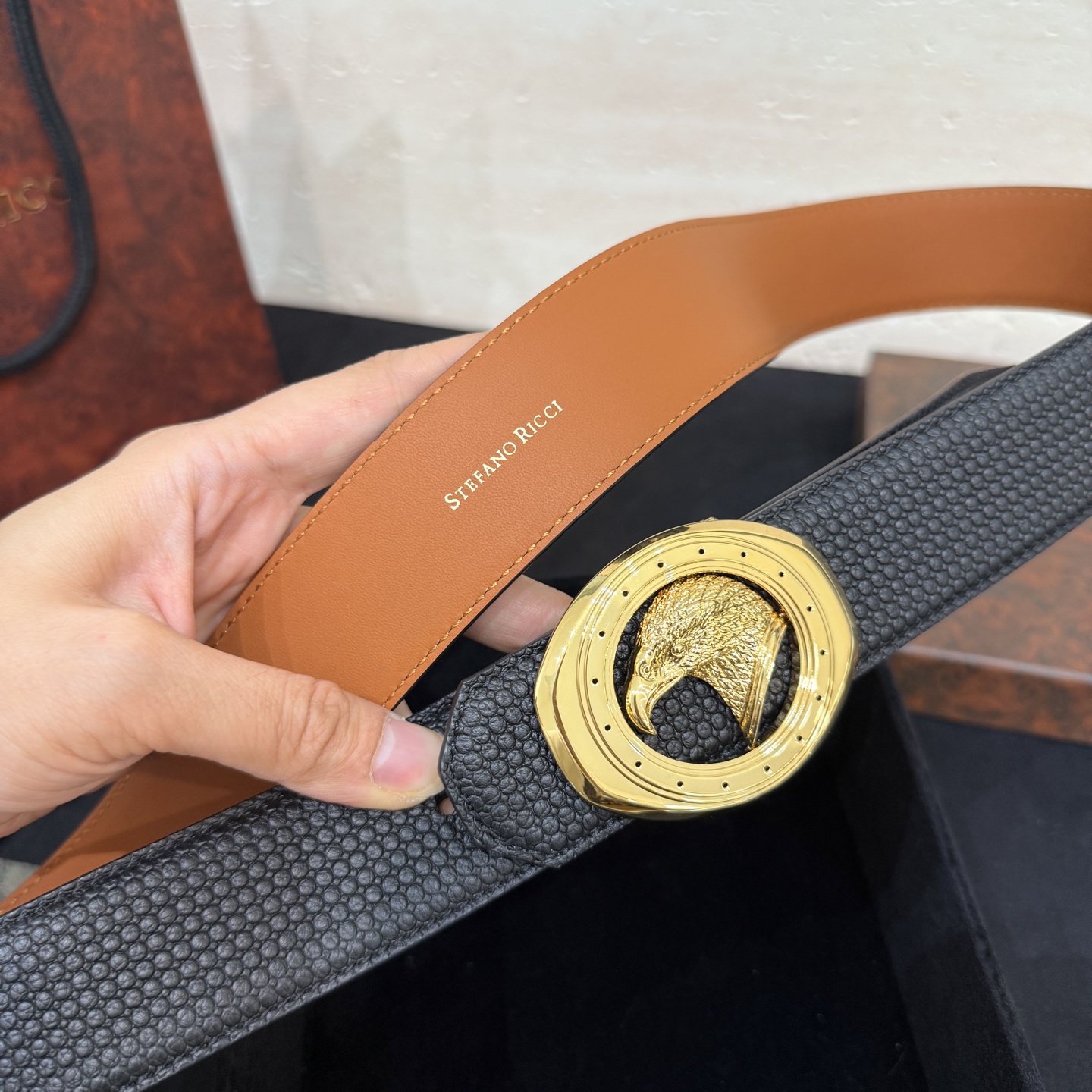 🅿️249 Stefano Ricci /🆕新款原單品質/精品經典鹰头鋼扣 底桥雕刻logo🐭原版压纹牛皮進口底皮-寬度38毫米