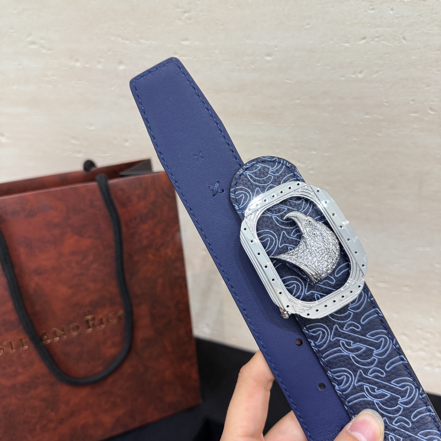 🅿️249 Stefano Ricci /🆕新款原單品質/精品經典鹰头鋼扣 底桥雕刻logo🐭原版压纹牛皮進口底皮-寬度38毫米