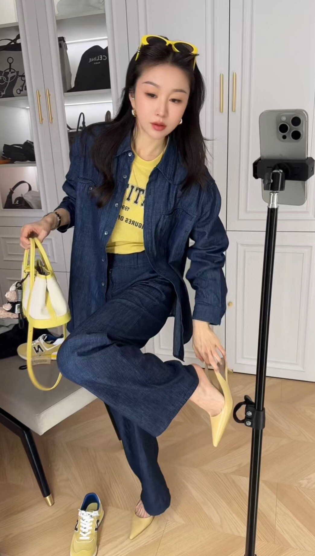 Women's Denim Outfit Set: Casual Shirt and Elastic Waist Pants, Comfort Fit