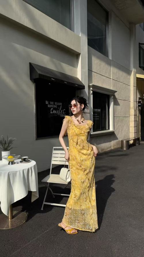 Yellow Floral Ruffle Trim Maxi Dress, Elegant Summer Style, S-XL 1 Yellow Floral Ruffle Trim Maxi Dress, Elegant Summer Style, S-XL