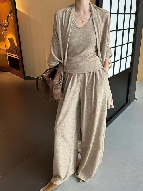 Women's Three Piece Knit Lounge Set - Tank Top, Cardigan, Wide Leg Pants 1 Women's Three Piece Knit Lounge Set - Tank Top, Cardigan, Wide Leg Pants