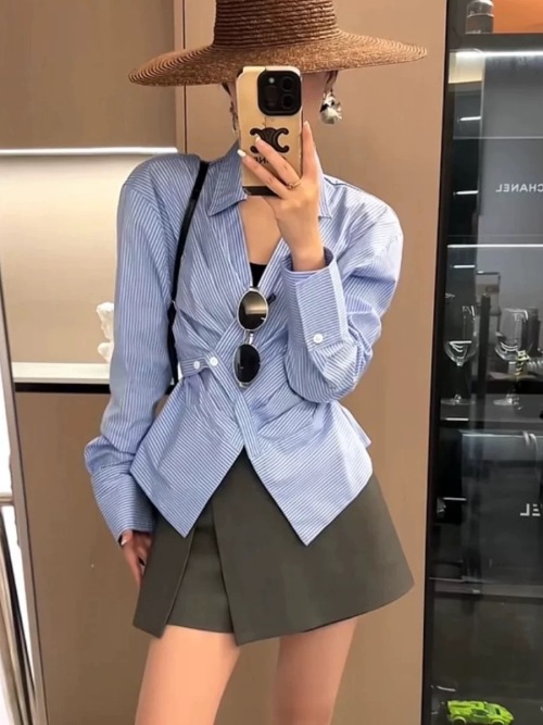 Elegant Striped Tie Front Blouse - Sophisticated V-Neck, Effortless Style 1 Elegant Striped Tie Front Blouse - Sophisticated V-Neck, Effortless Style