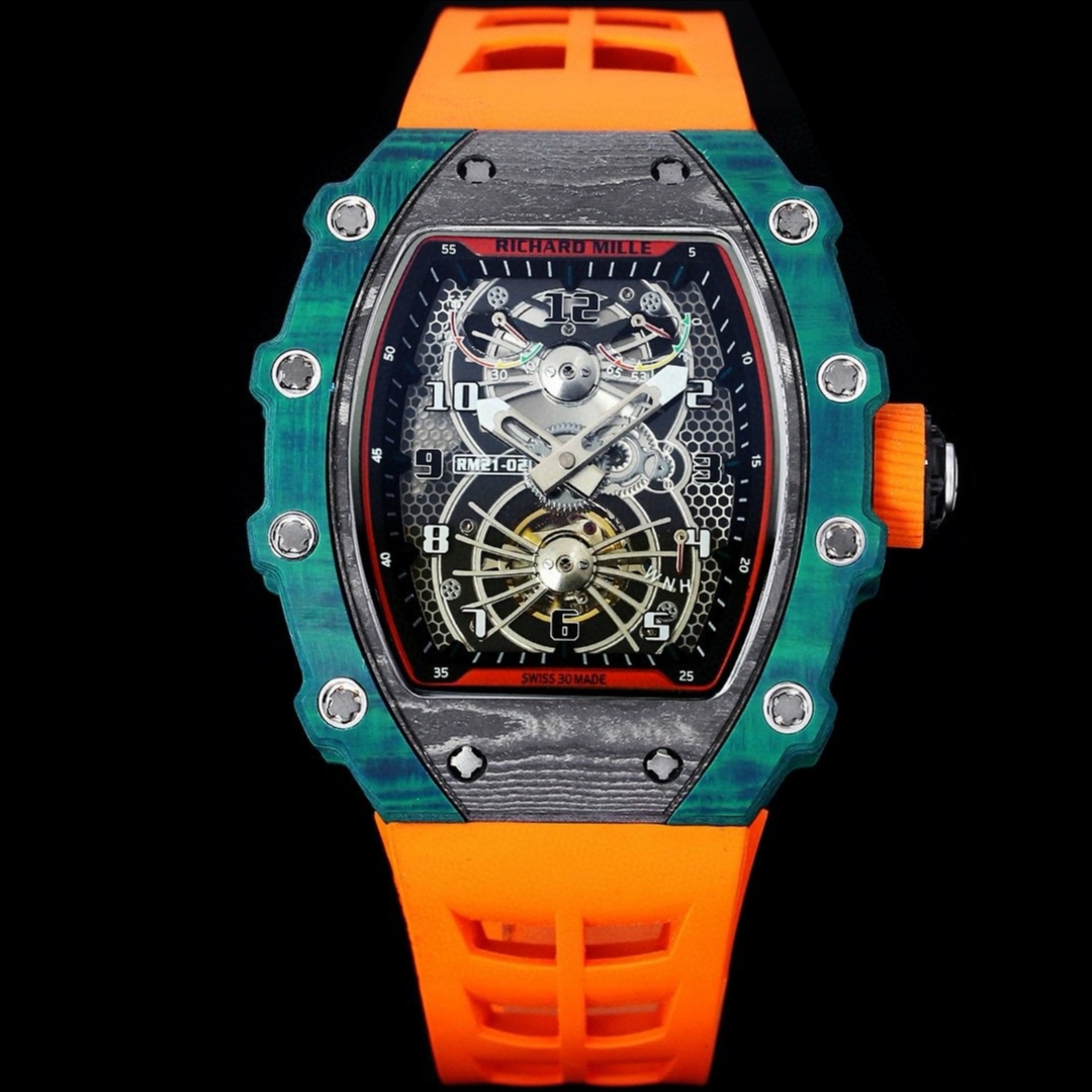 NO:336327,RICHARD MILLE RM21-01 series is equipped with fully automatic imported mechanical movements. The bezel and watch column made of carbon fiber material are used as architectural support to further strengthen its precision structure. The light and durable composite material of carbon fiber material is superimposed by automated processes and allows each layer of carbon fiber to stagger at a 45-degree angle, and then heated in the autoclave to a degree, and finally processed with micron accuracy. This reinforcement structure provides excellent protection for the case like armor and is firmly secured by 20 spline screws. RICHARD MILLE RM 21-01 watches are like a real wrist aircraft. The cutting-edge technology is a powerful force and constantly breaks the shackles of traditional materials on the watchmaking industry. Loading Royal Oak quality tape hollowed out design full of technology and follows the rules,19860909RICHARD MILLE  理查米尔 RM21-01系列 搭载全自动进口机械机芯 尺寸40m/50m/16m 碳纤维材质打造的表圈和表柱作为架构支撑,进一步加固其精密结构.碳纤维材质这种轻盈又耐用的复合材质,通过使用自动化工艺将数百层碳纤维薄层叠加起来,并让每一层碳纤维呈现45度角交错,然后在高压釜中加热至度,最后再以微米的精准度进行加工.这种强化结构如同铠甲般为表壳提供绝佳保护,并由20枚花键螺丝牢牢固定.RICHARD MILLE RM 21-01腕表,彷如一枚真正的腕间飞行器,以前沿科技作为澎湃动力,不断打破传统材质对于制表行业的桎梏.装载皇家橡树品质胶带 镂空的设计 充满科技 循规蹈矩,,,Watch