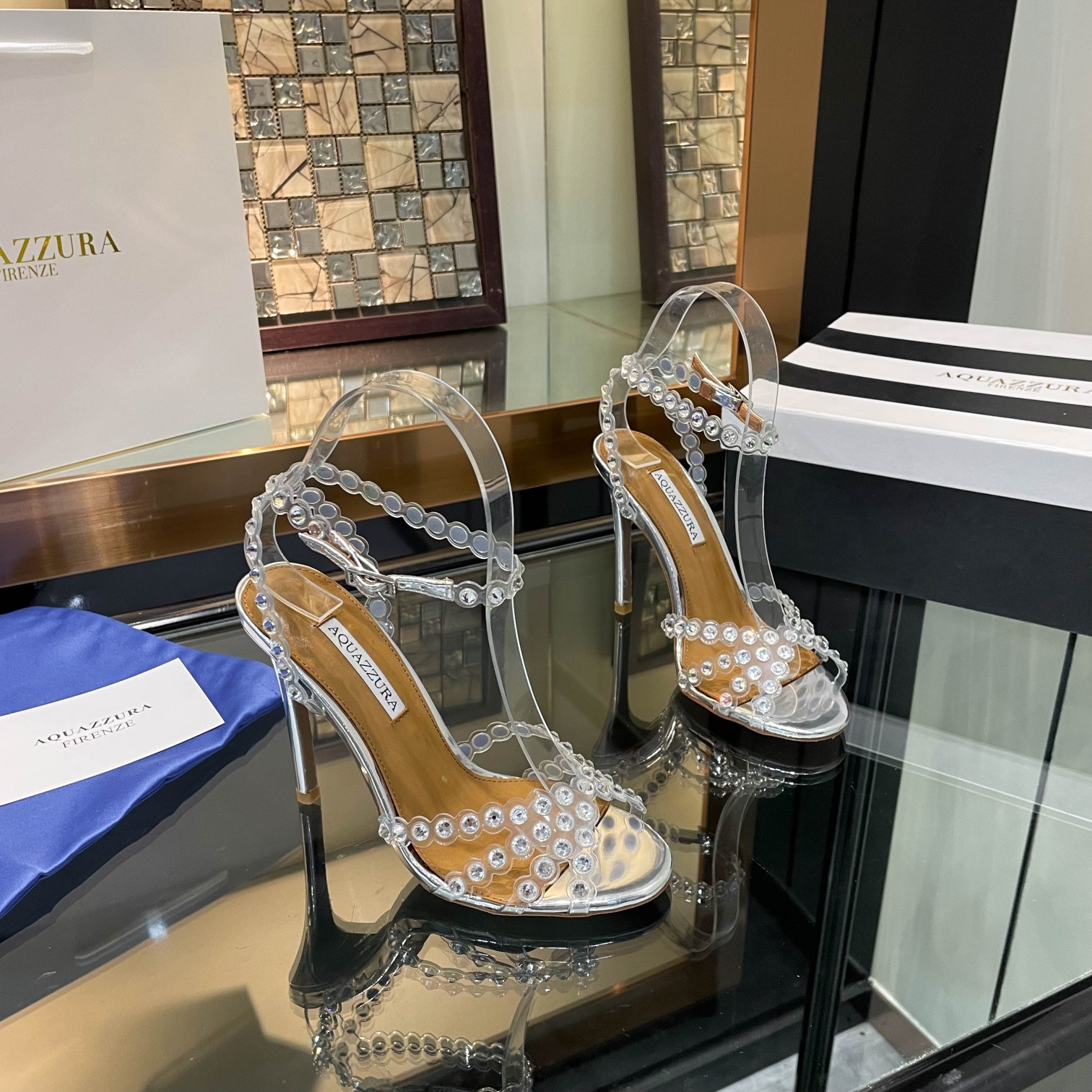 Aquazzura Silver Beaded Ankle Strap Sandals