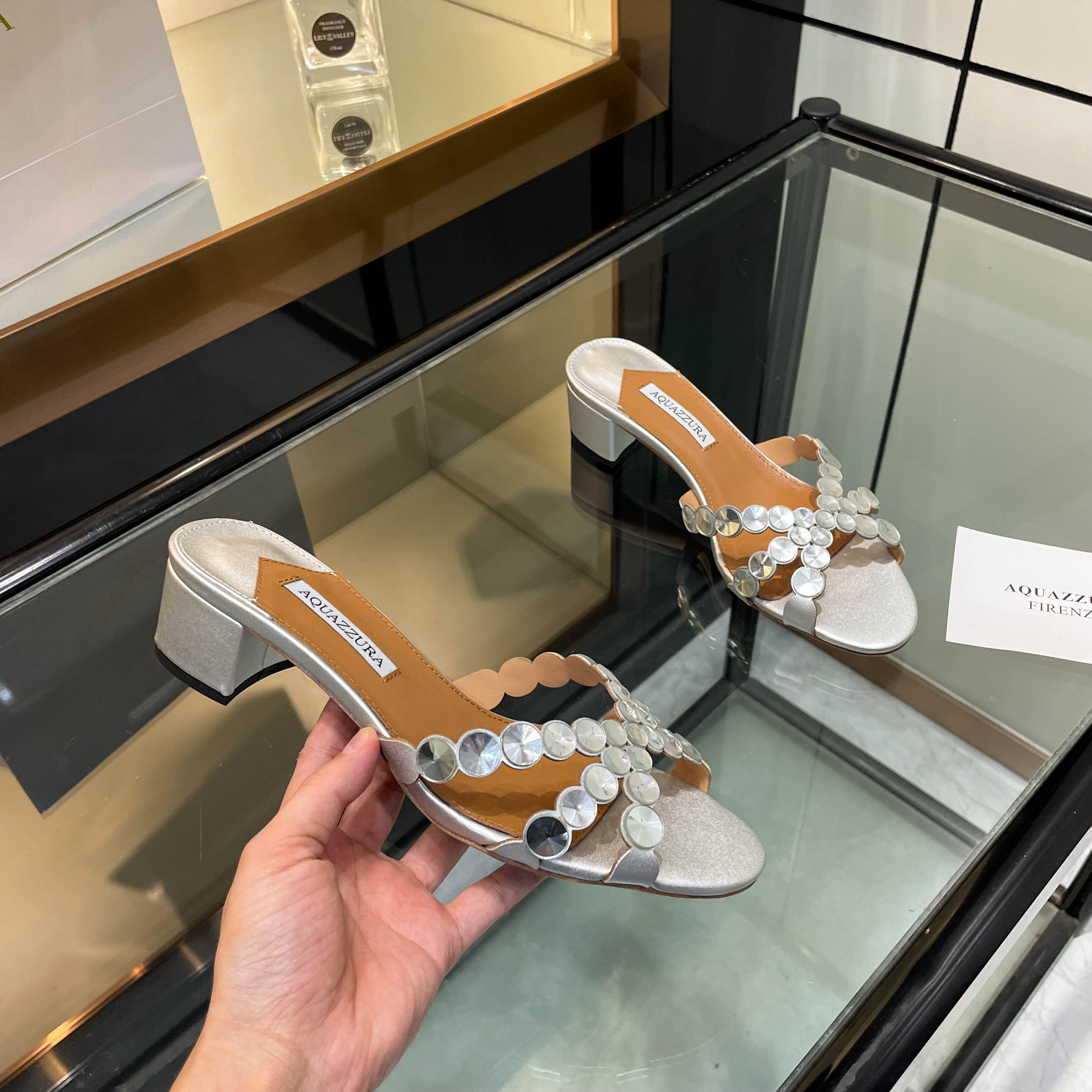 Aquazzura Silver Embellished Block Heel Mules