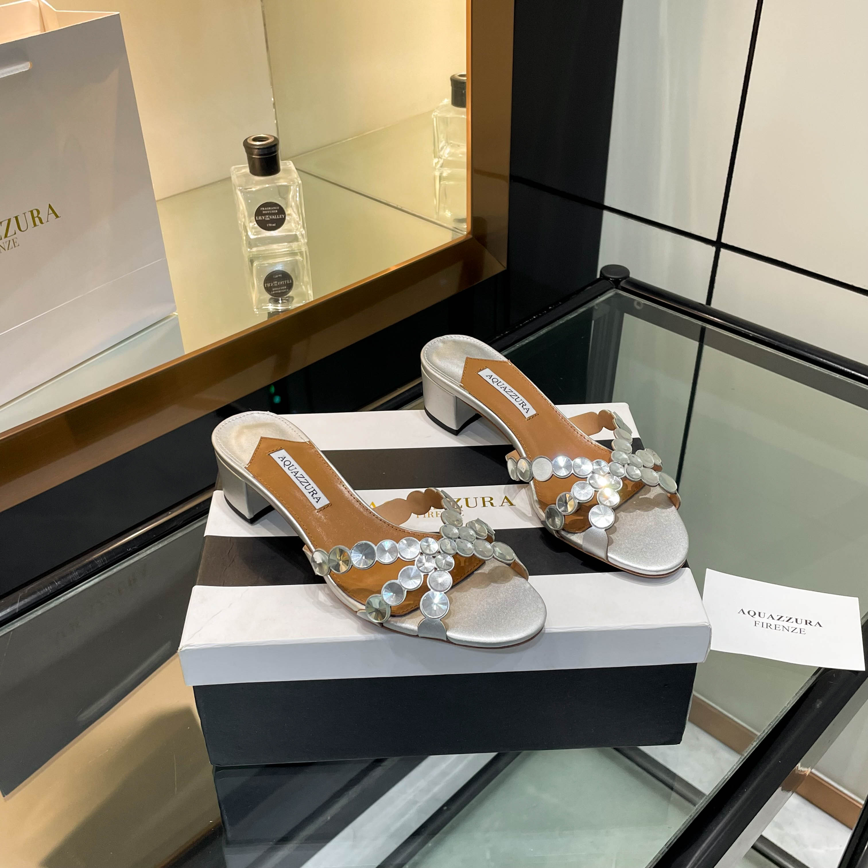 Aquazzura Silver Embellished Block Heel Mules