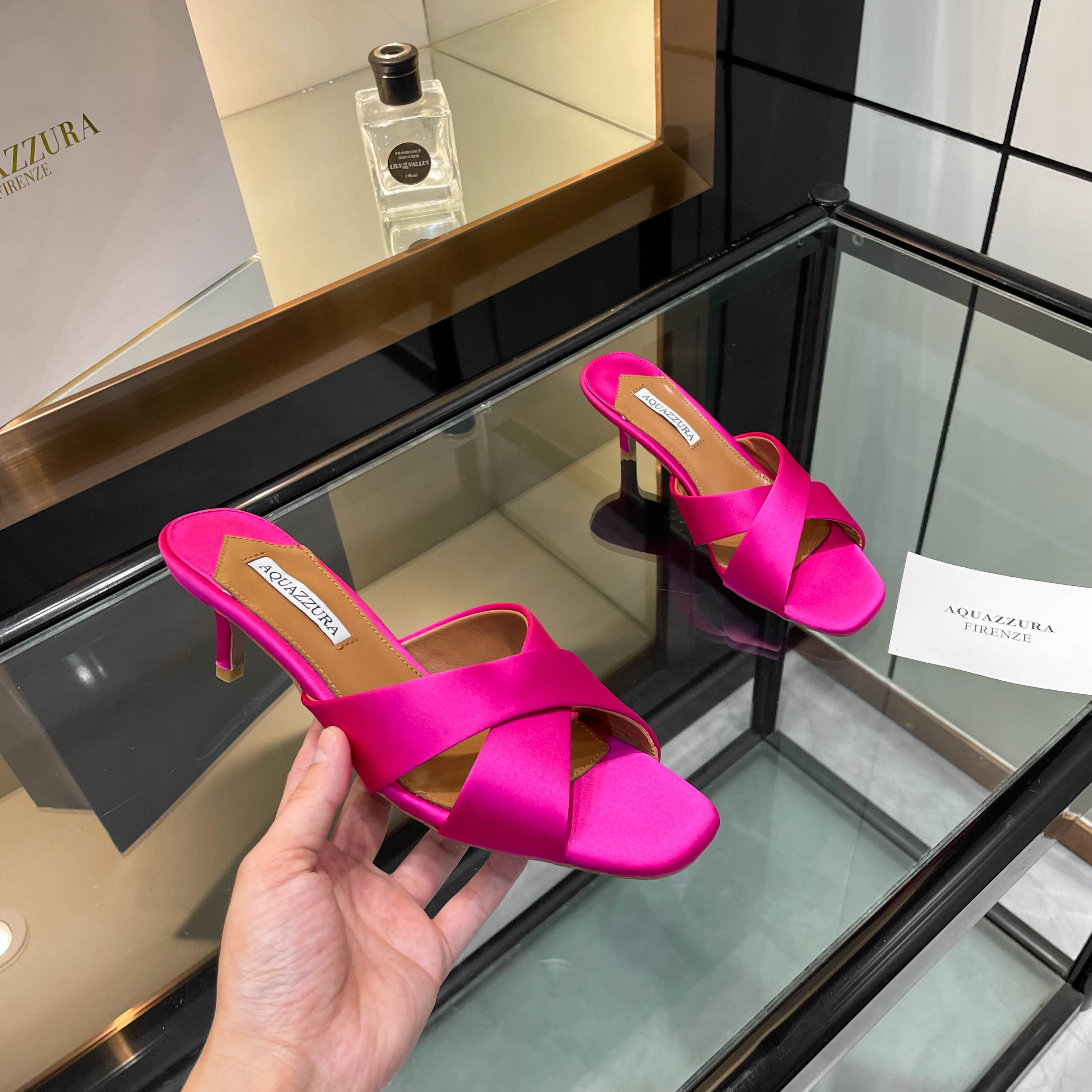 [Aquazzura] Cross-laced Silk Slippers for Comfortable Walking, Prototype Development