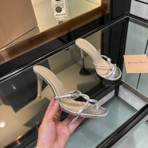 Gianvito Rossi Women's Silver Leather Heeled Sandals Elegant Summer Slides 1 Gianvito Rossi Women's Silver Leather Heeled Sandals Elegant Summer Slides