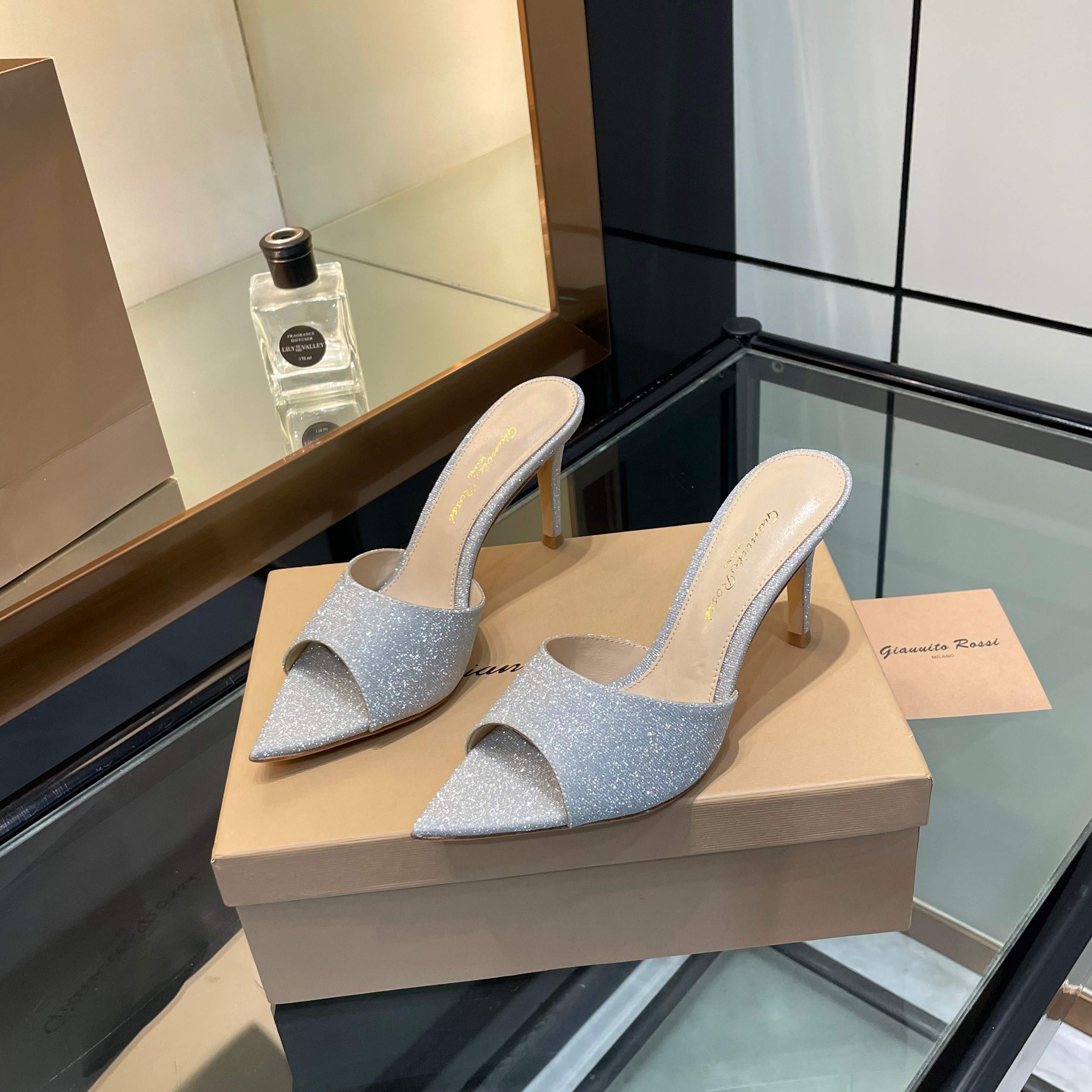 Gianvito Rossi Glitter Leather Pointed Toe High Heel Mule Sandals 10 a1750447690901 3300