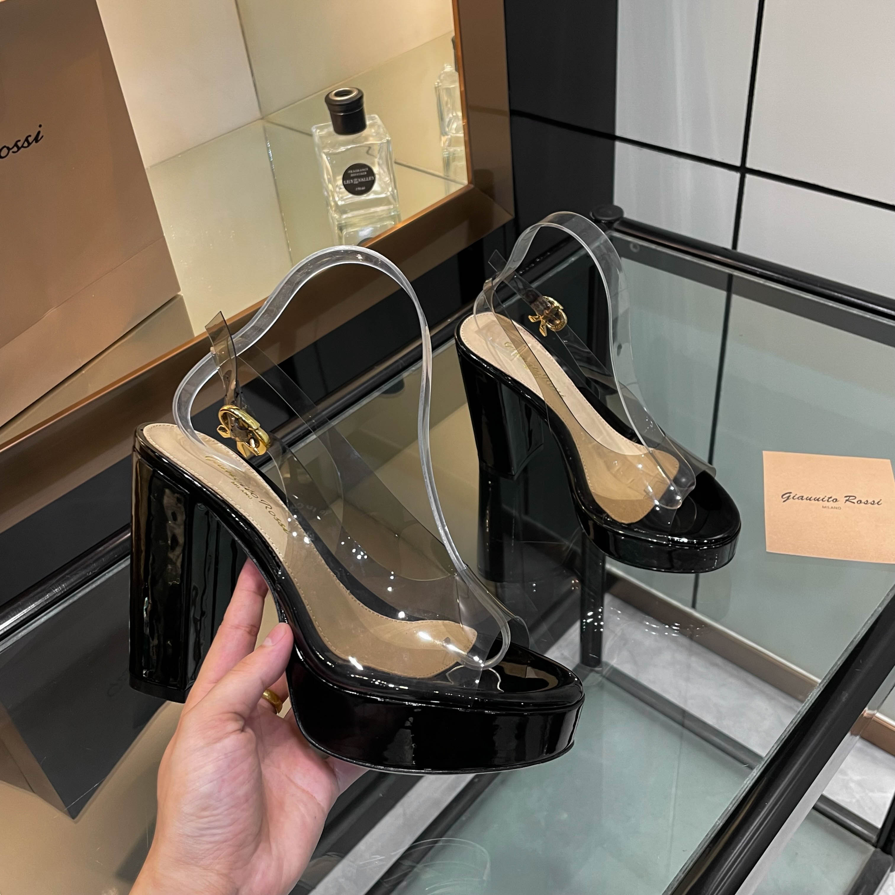 Gianvito Rossi Women's Platform Heeled Sandals - Transparent Strap, Black Patent