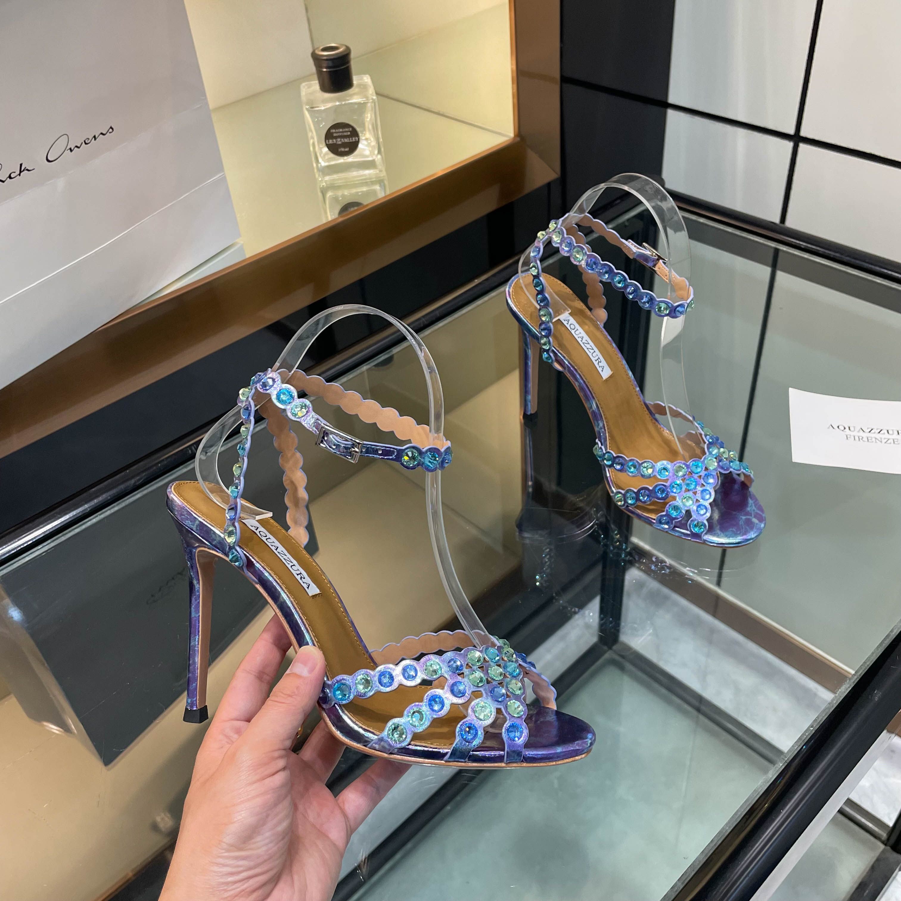 Aquazzura Blue Beaded Ankle Strap Sandals