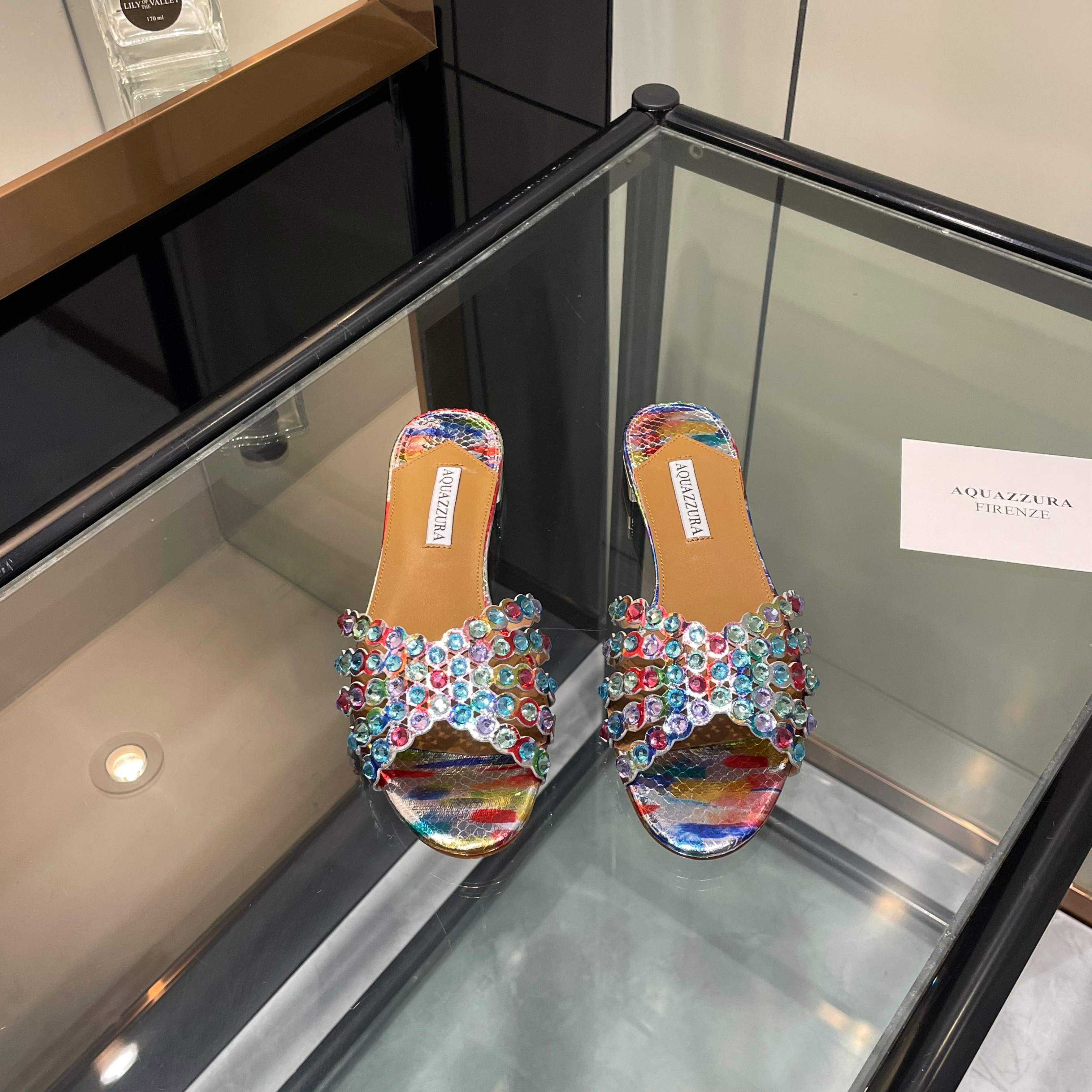 Aquazzura Multicolor Embellished Slide Sandals