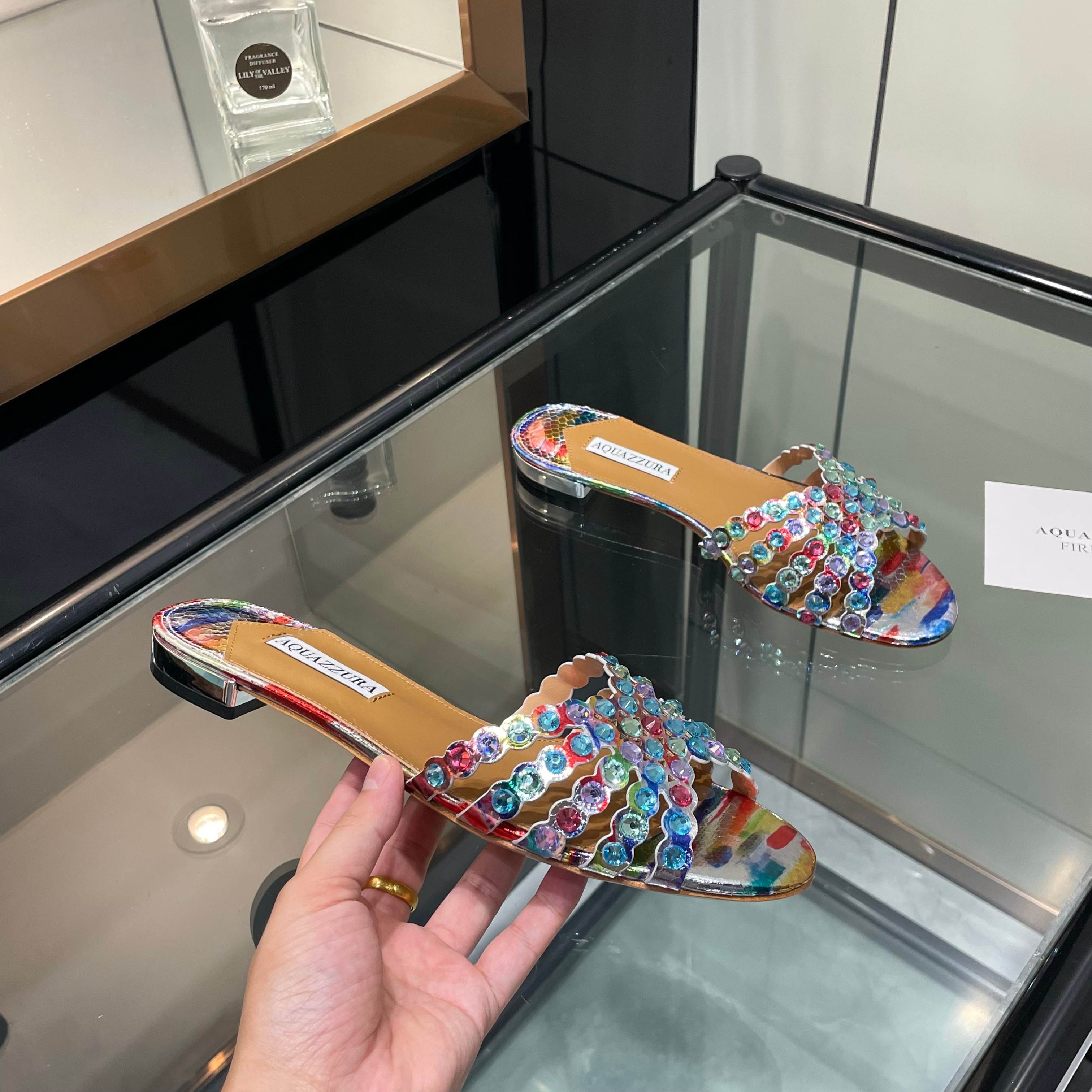 Aquazzura Multicolor Embellished Slide Sandals