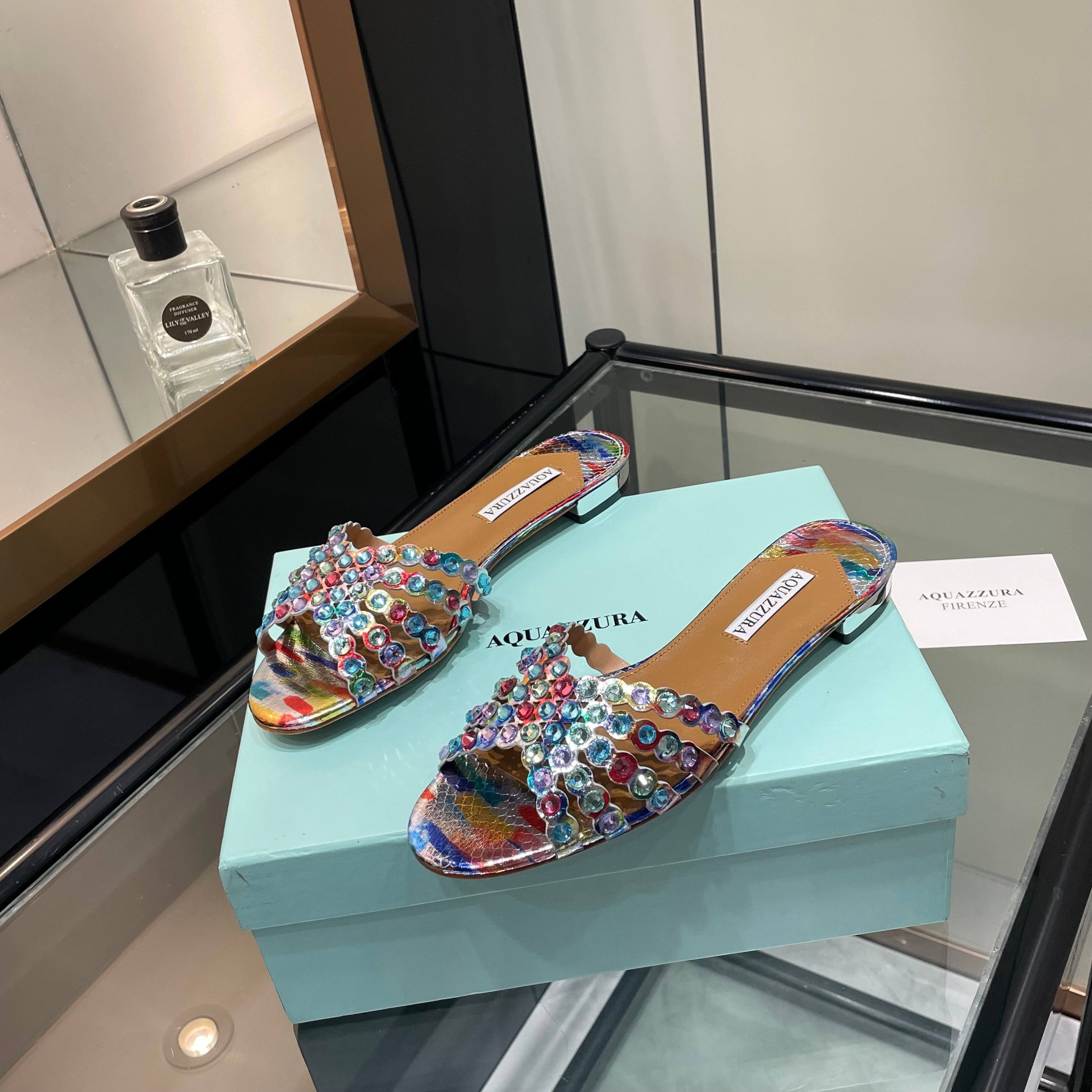 Aquazzura Multicolor Embellished Slide Sandals