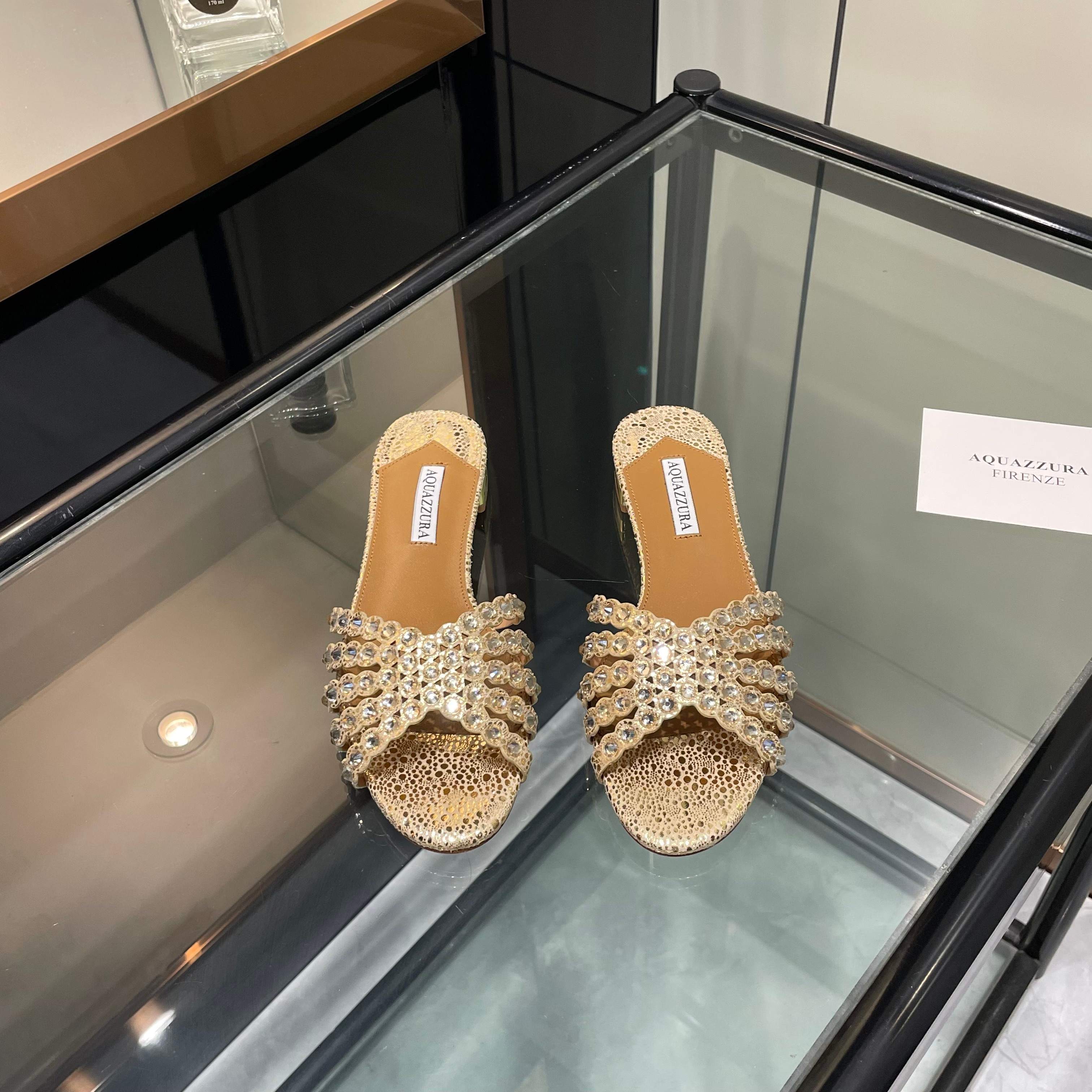 Aquazzura Gold Embellished Slide Sandals
