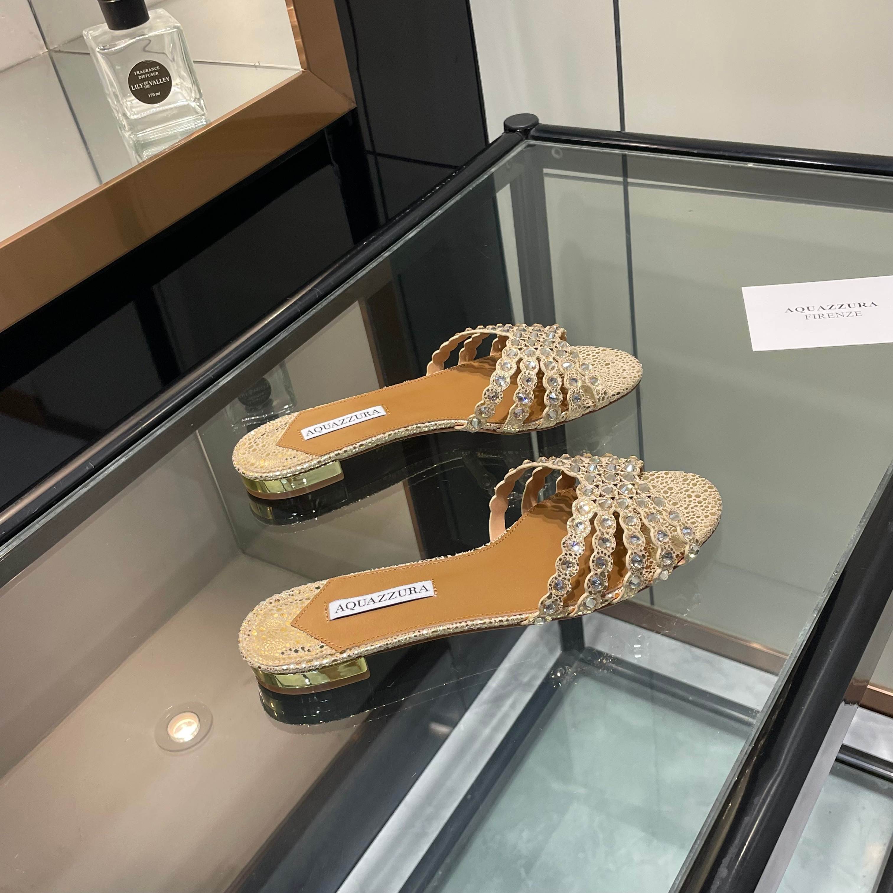 Aquazzura Gold Embellished Slide Sandals