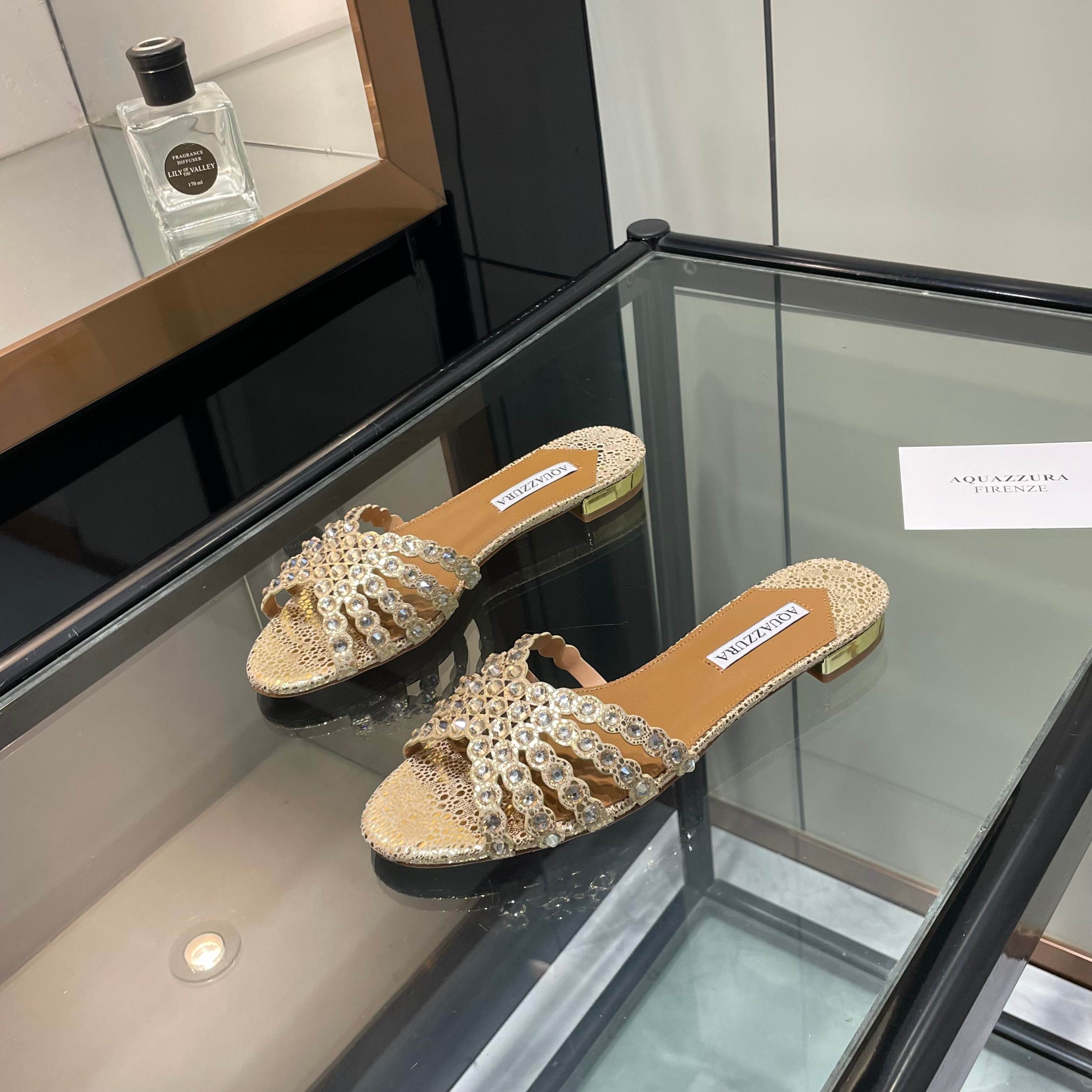 Aquazzura Gold Embellished Slide Sandals