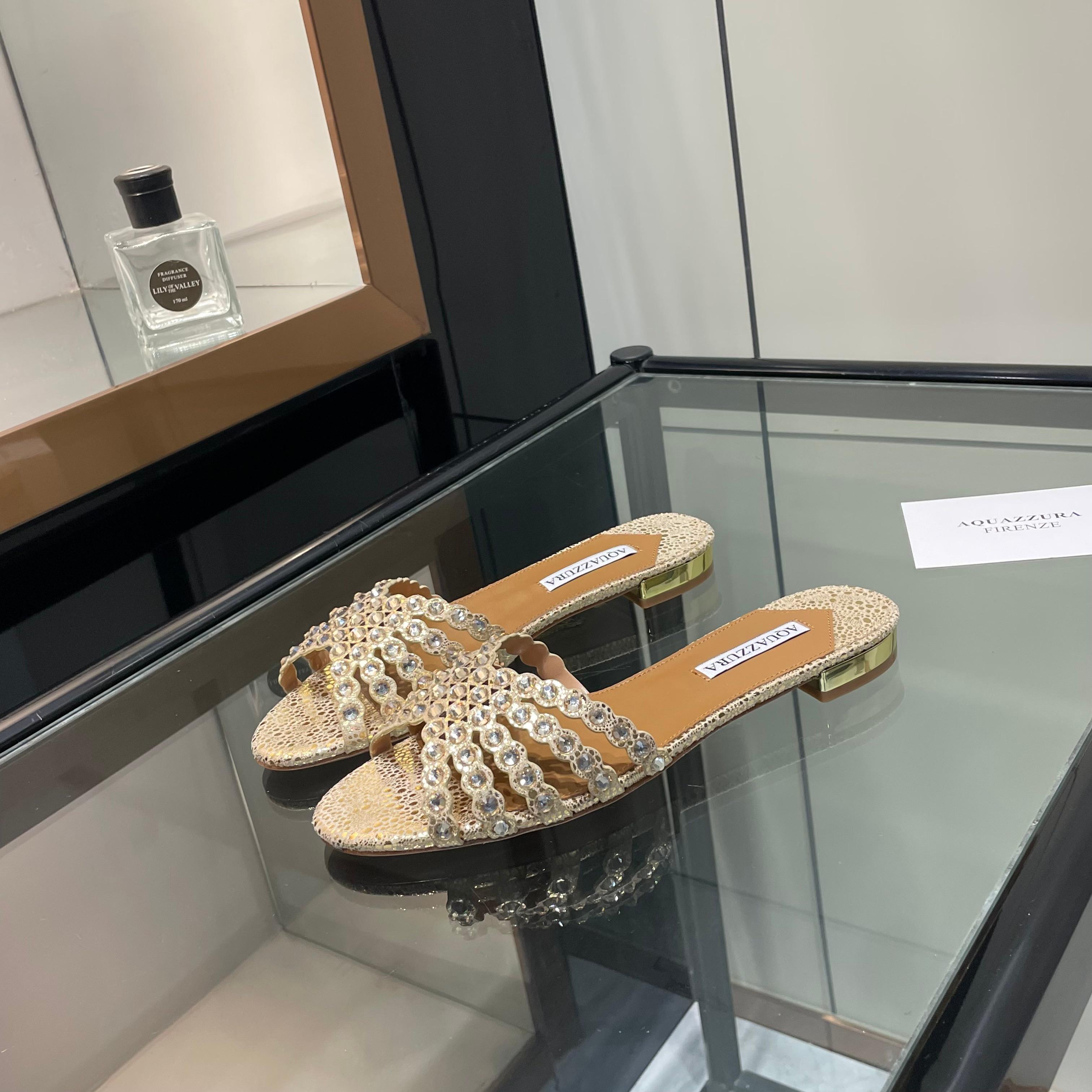 Aquazzura Gold Embellished Slide Sandals