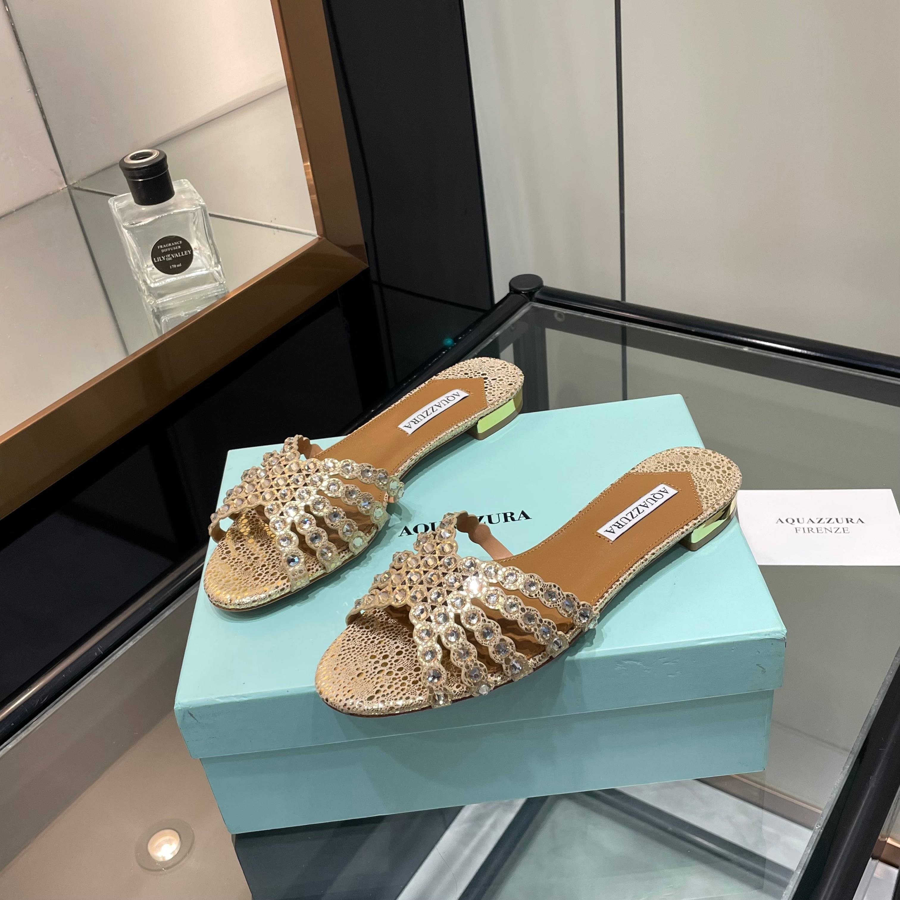 Aquazzura Gold Embellished Slide Sandals