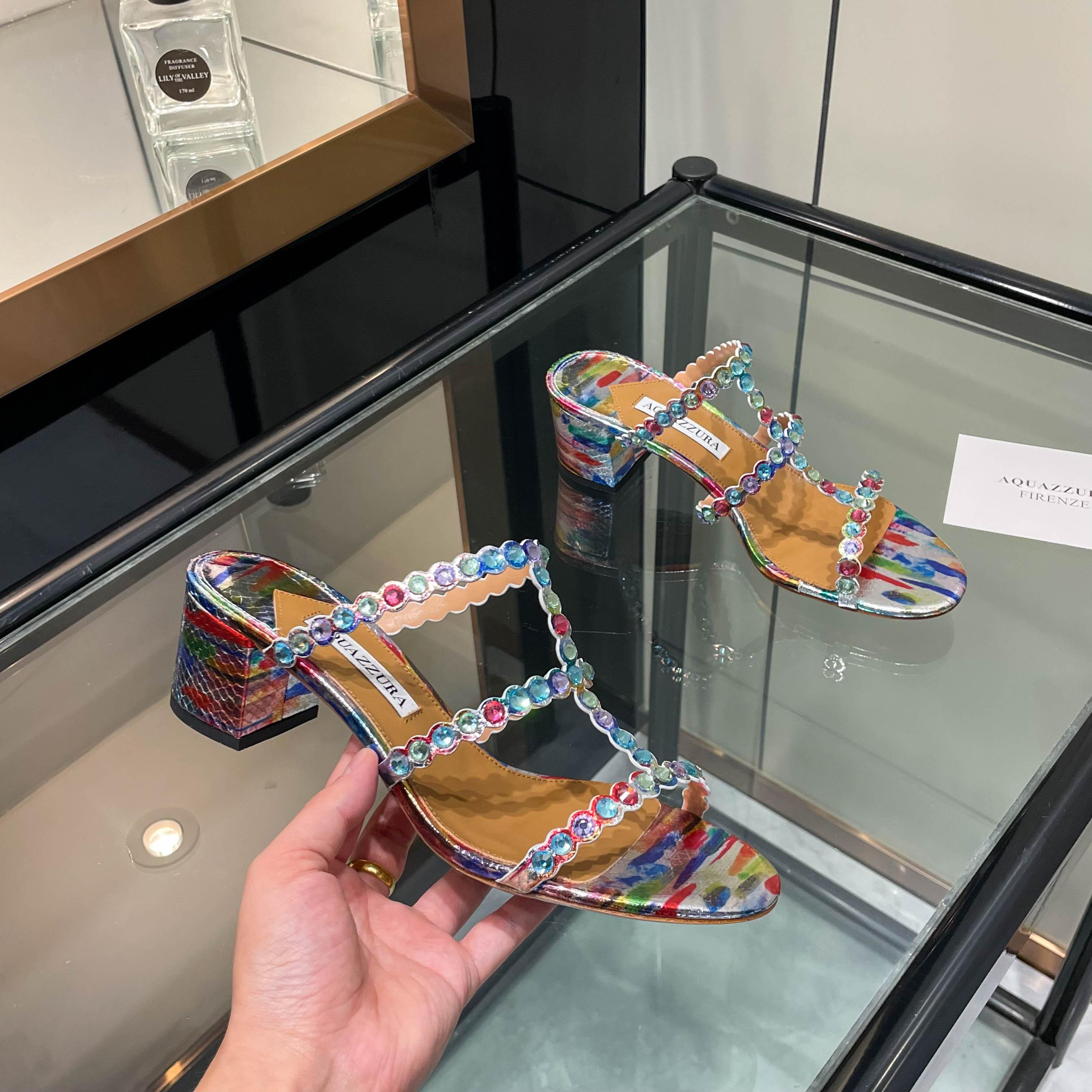Aquazzura Multicolor Beaded Block Heel Mules