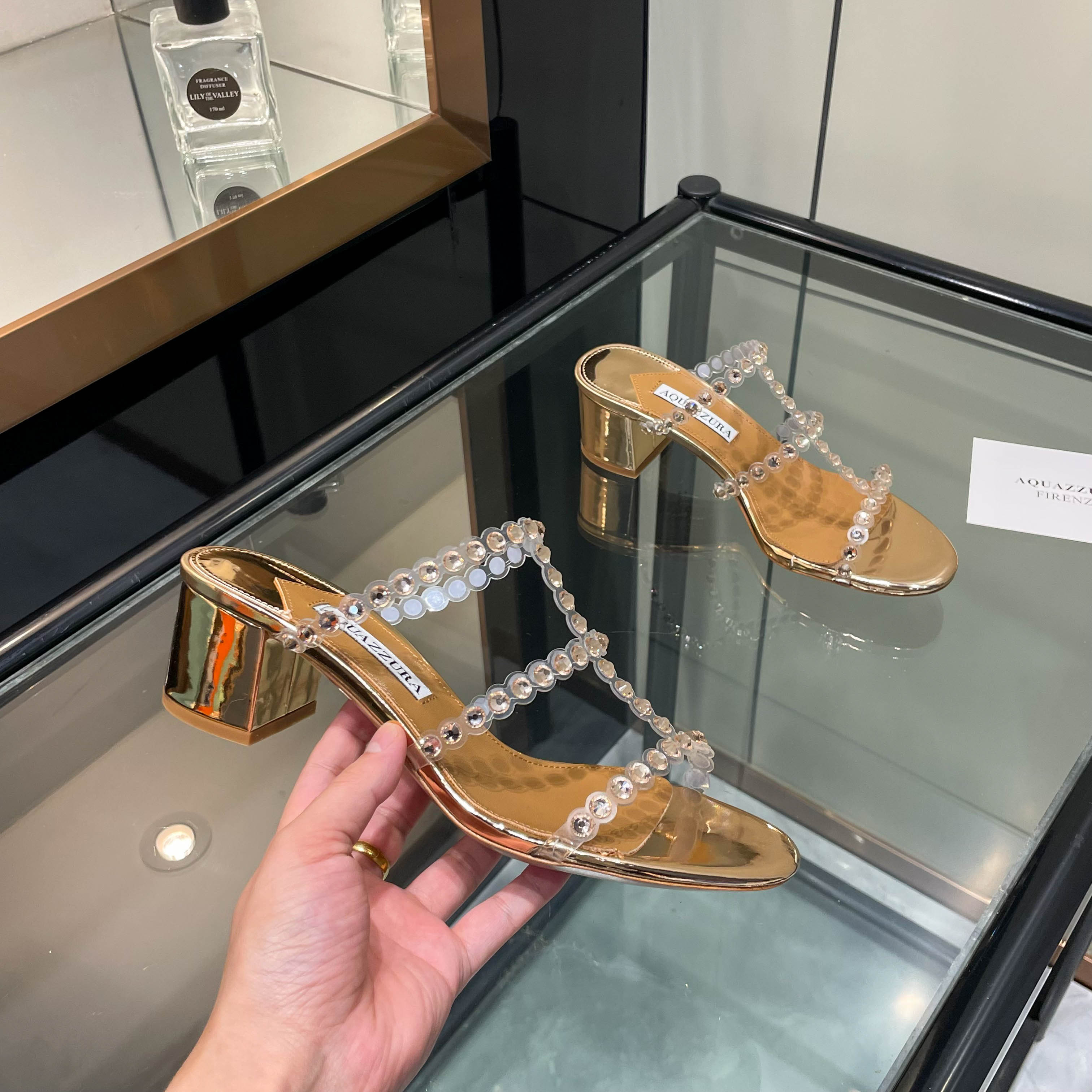Aquazzura Gold Beaded Block Heel Mules