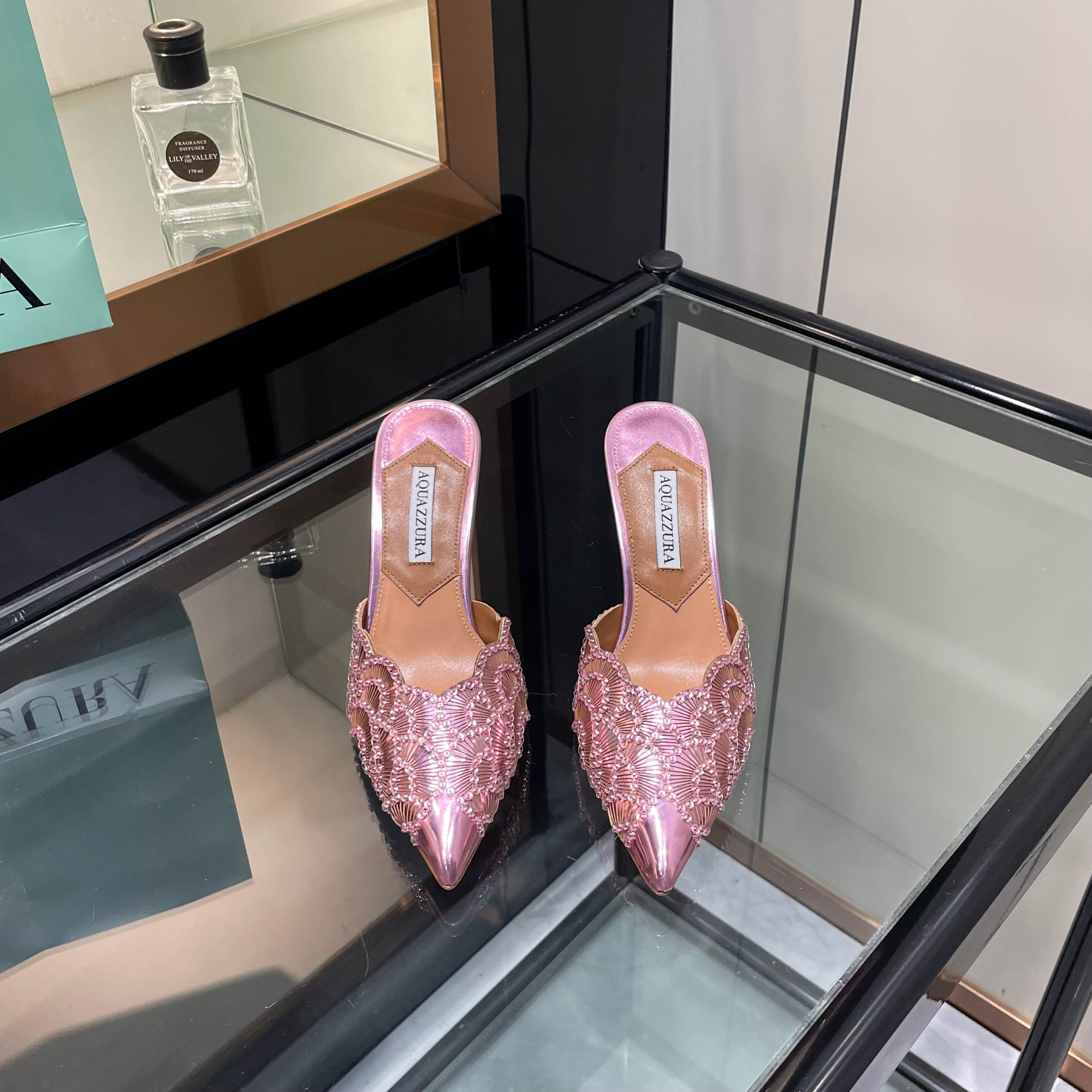 Aquazzura Pink Embellished Pointed-Toe Mules