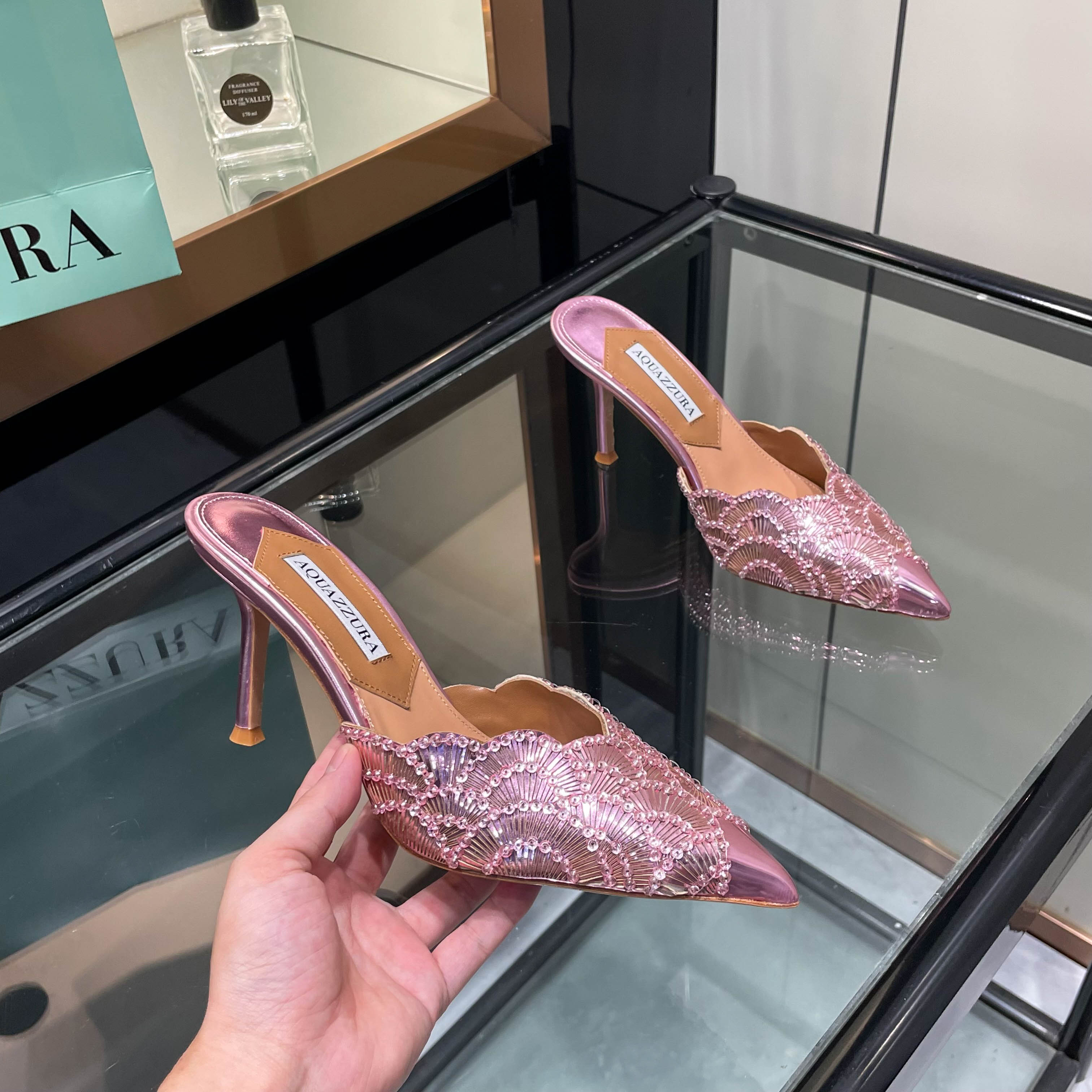 Aquazzura Pink Embellished Pointed-Toe Mules