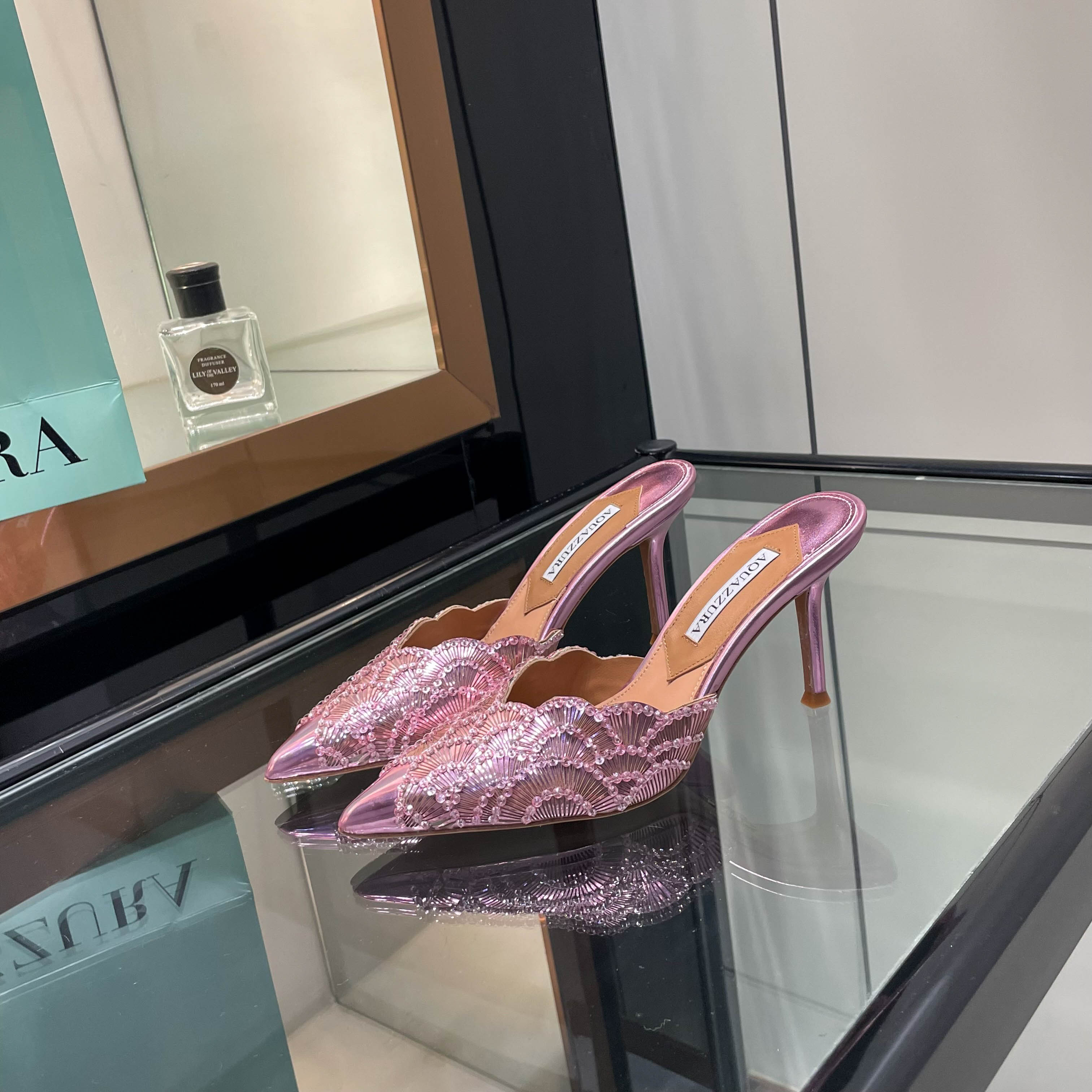 Aquazzura Pink Embellished Pointed-Toe Mules