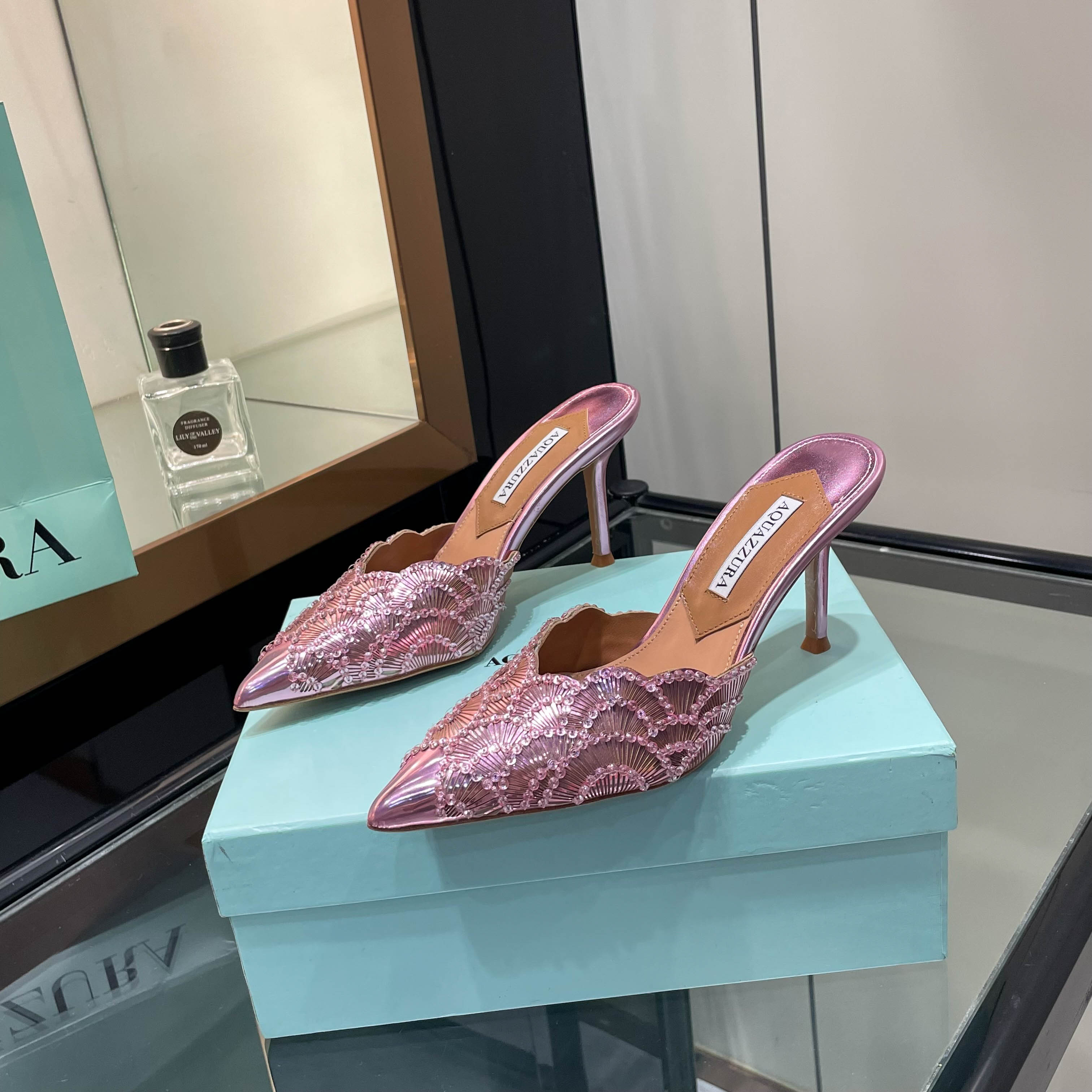 Aquazzura Pink Embellished Pointed-Toe Mules