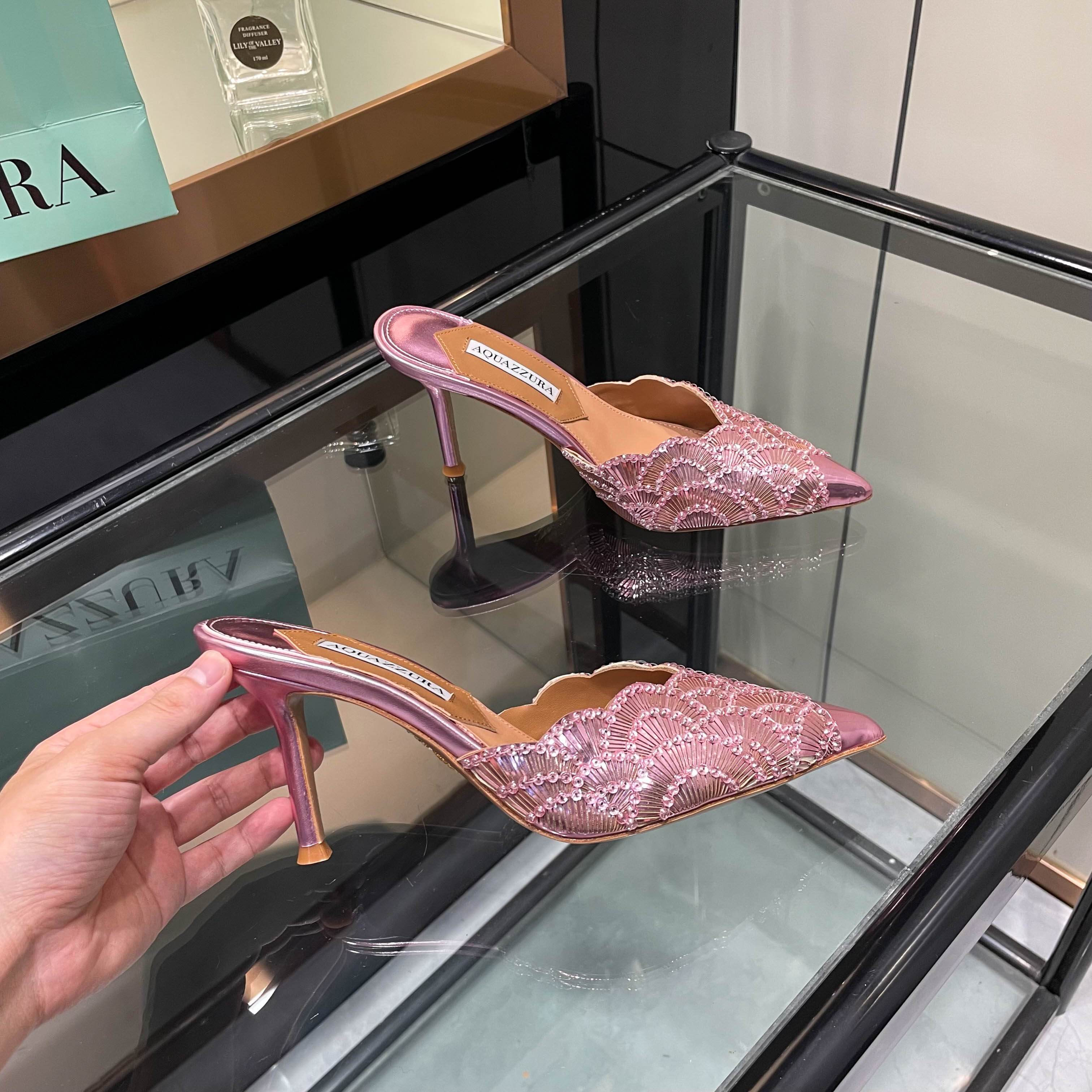 Aquazzura Pink Embellished Pointed-Toe Mules