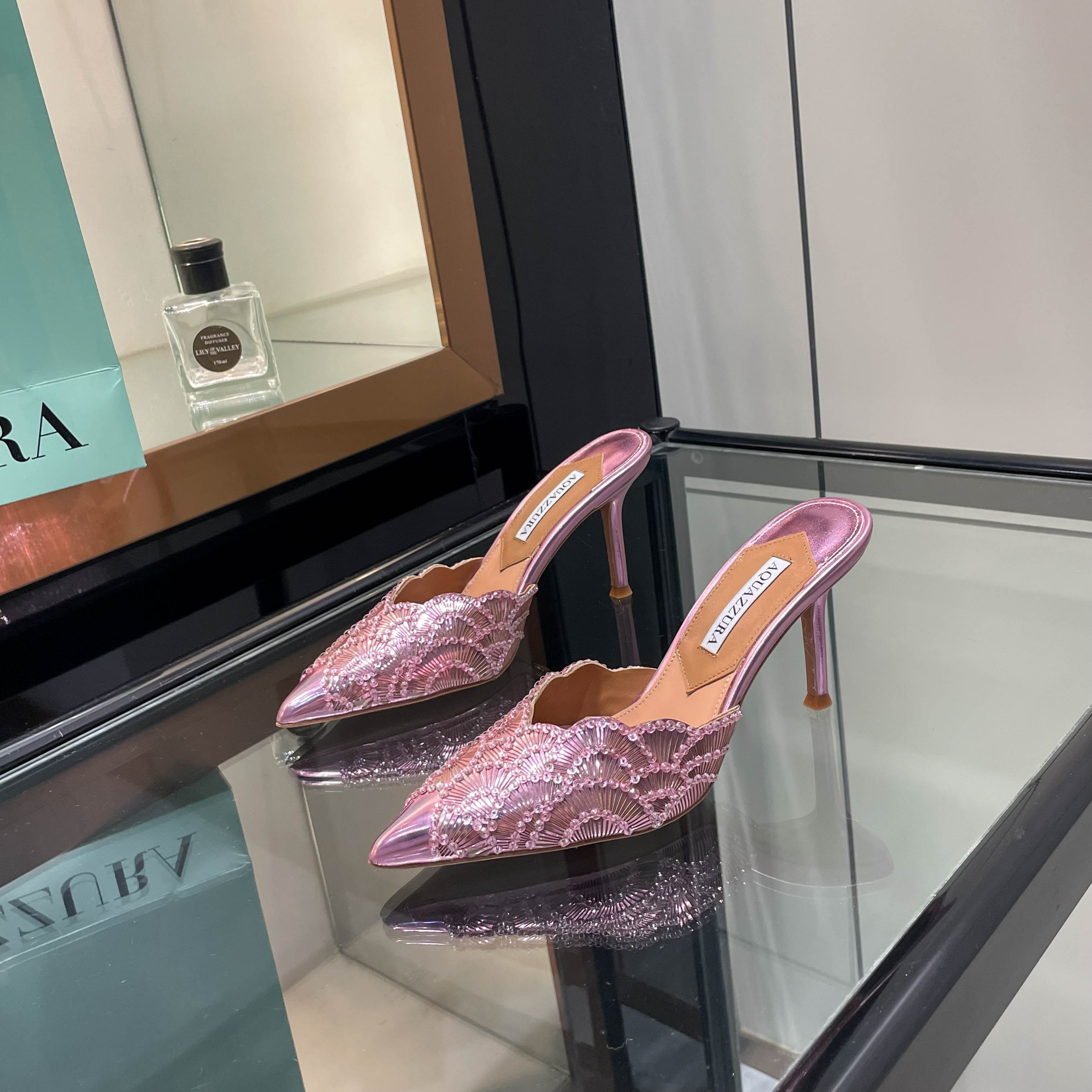 Aquazzura Pink Embellished Pointed-Toe Mules
