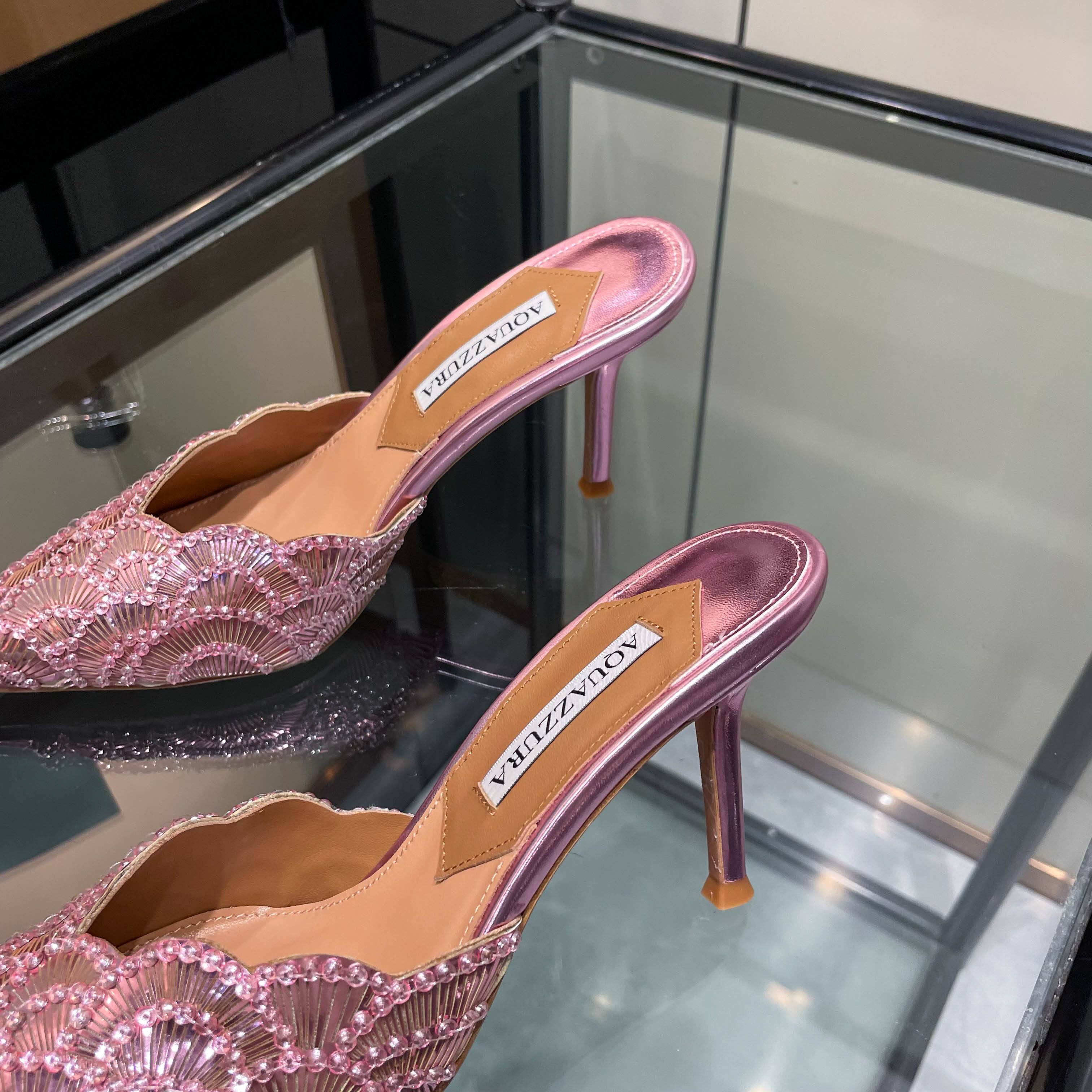 Aquazzura Pink Embellished Pointed-Toe Mules