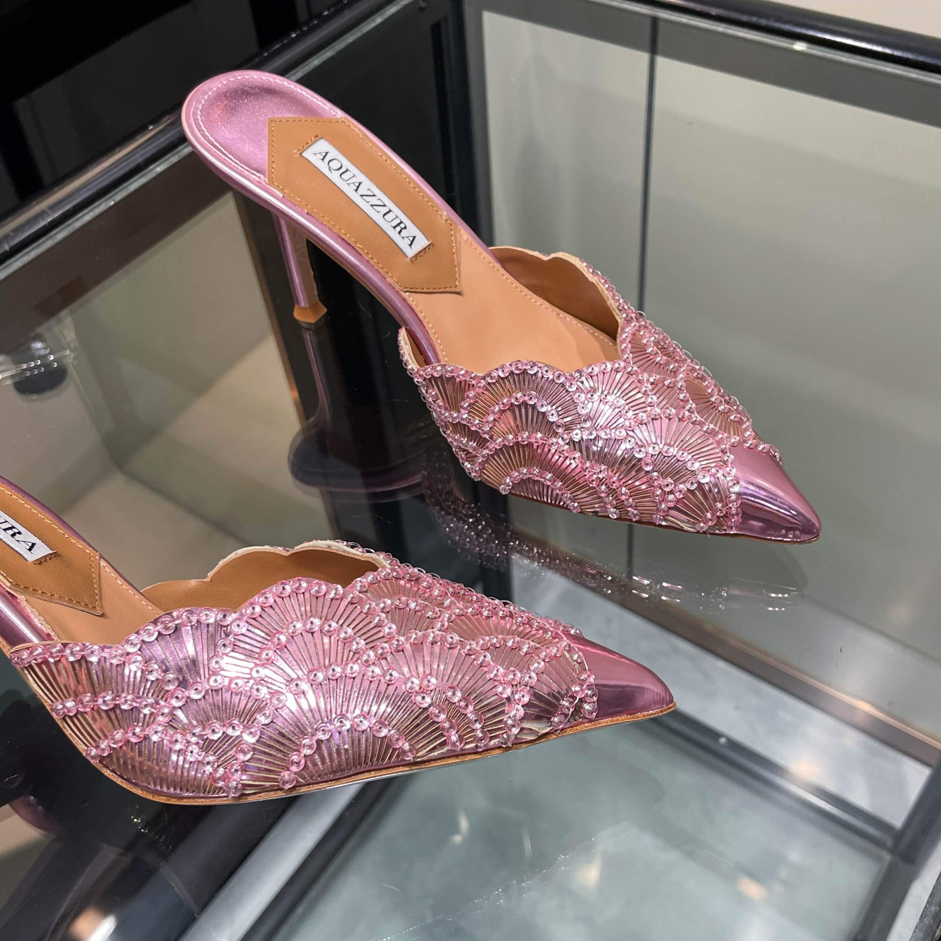 Aquazzura Pink Embellished Pointed-Toe Mules