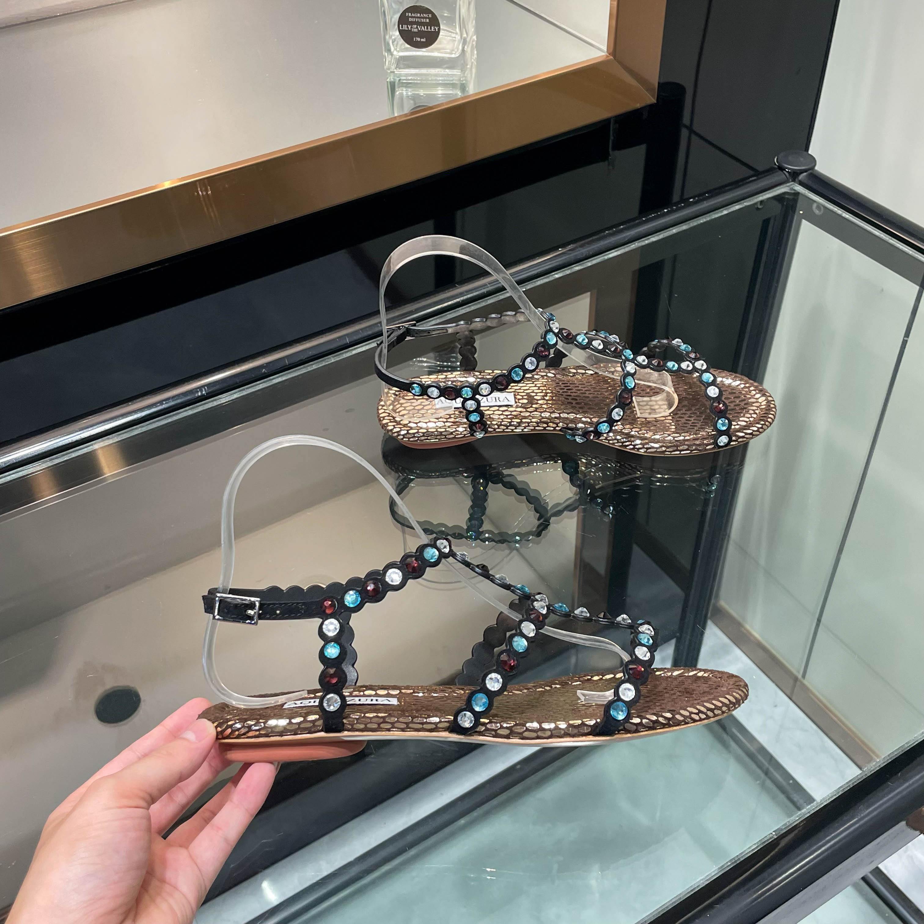 Aquazzura Black Beaded Flat Sandals