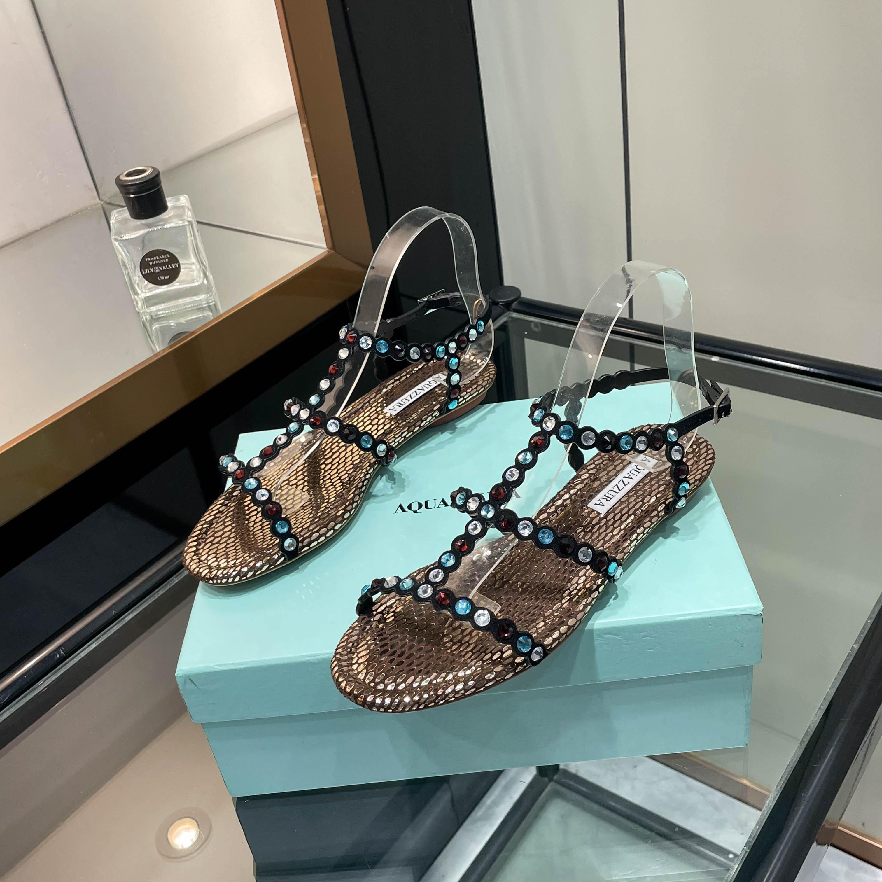 Aquazzura Black Beaded Flat Sandals