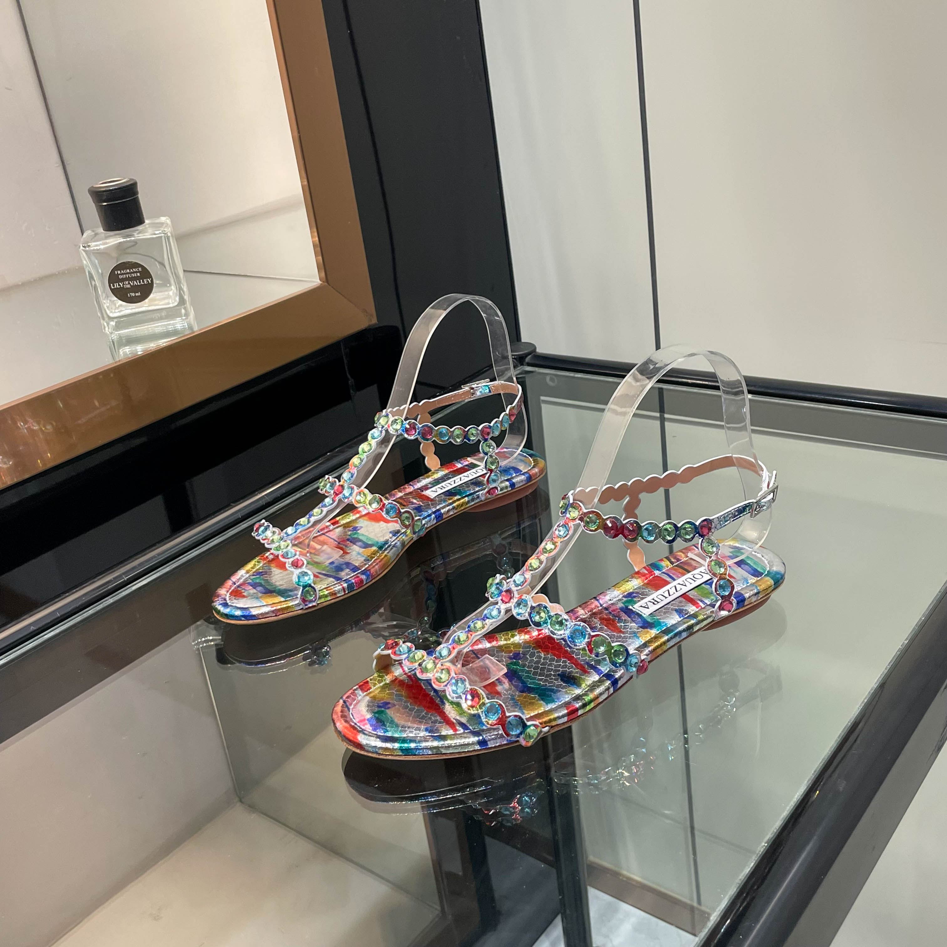 Aquazzura Multicolor Beaded Flat Sandals