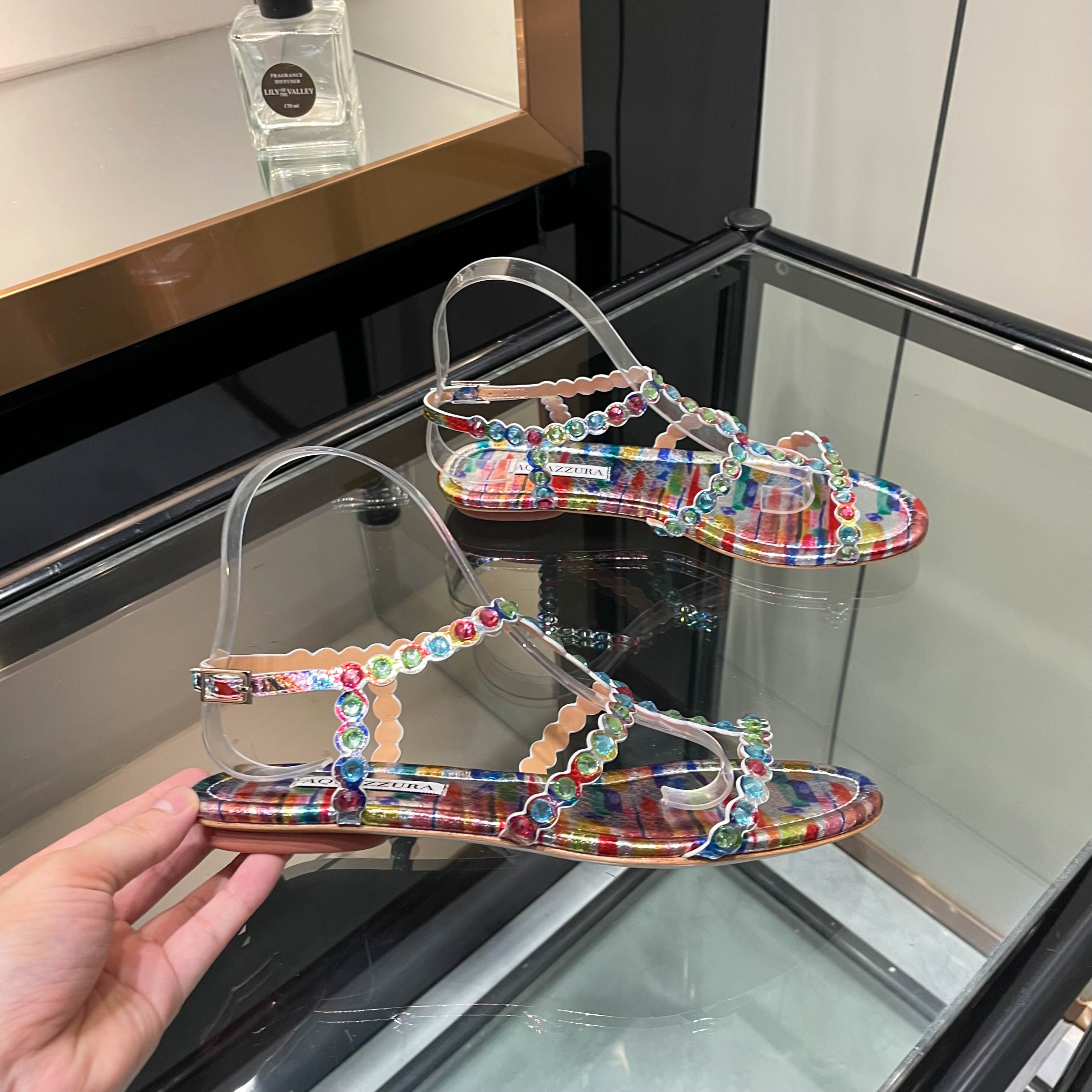 Aquazzura Multicolor Beaded Flat Sandals