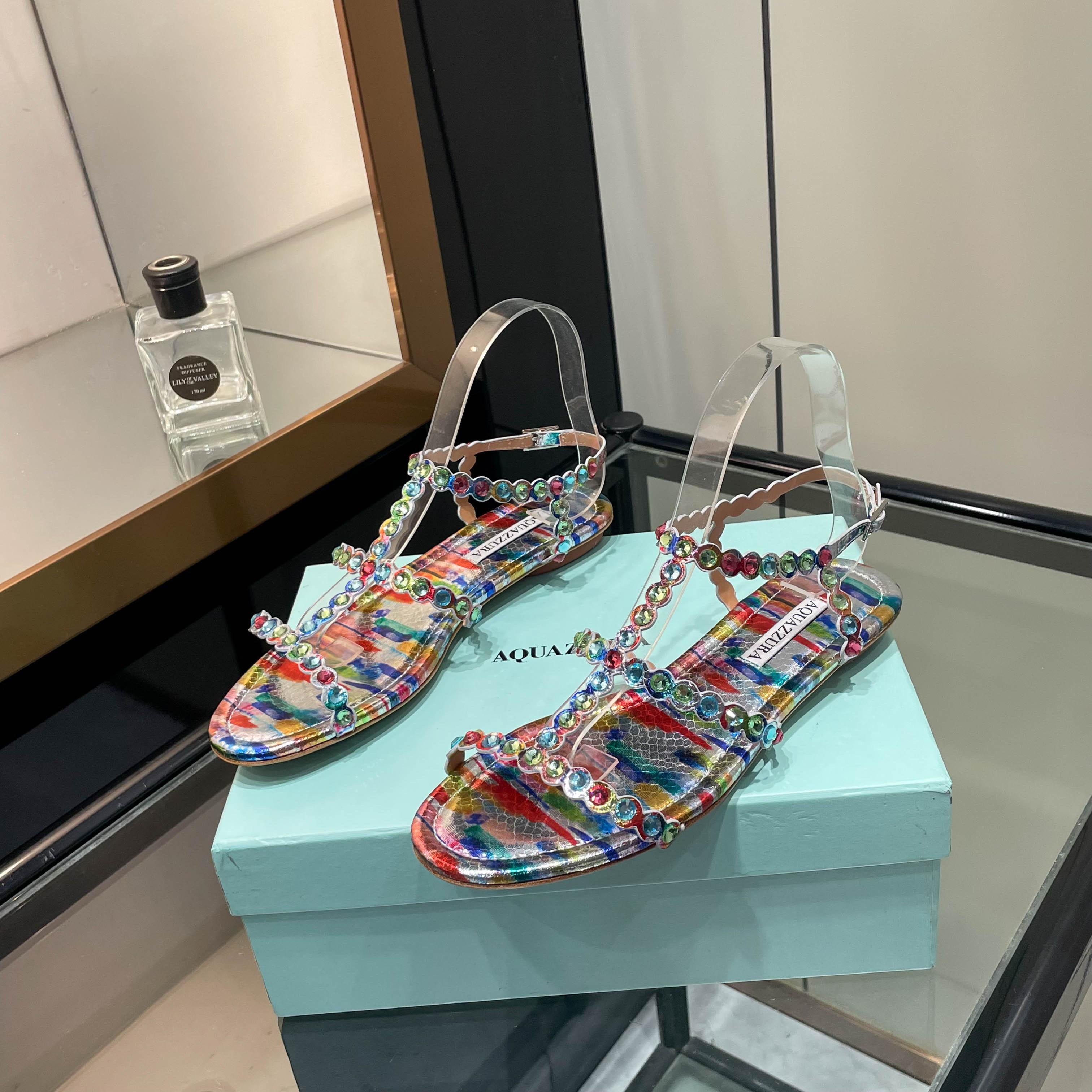 Aquazzura Multicolor Beaded Flat Sandals