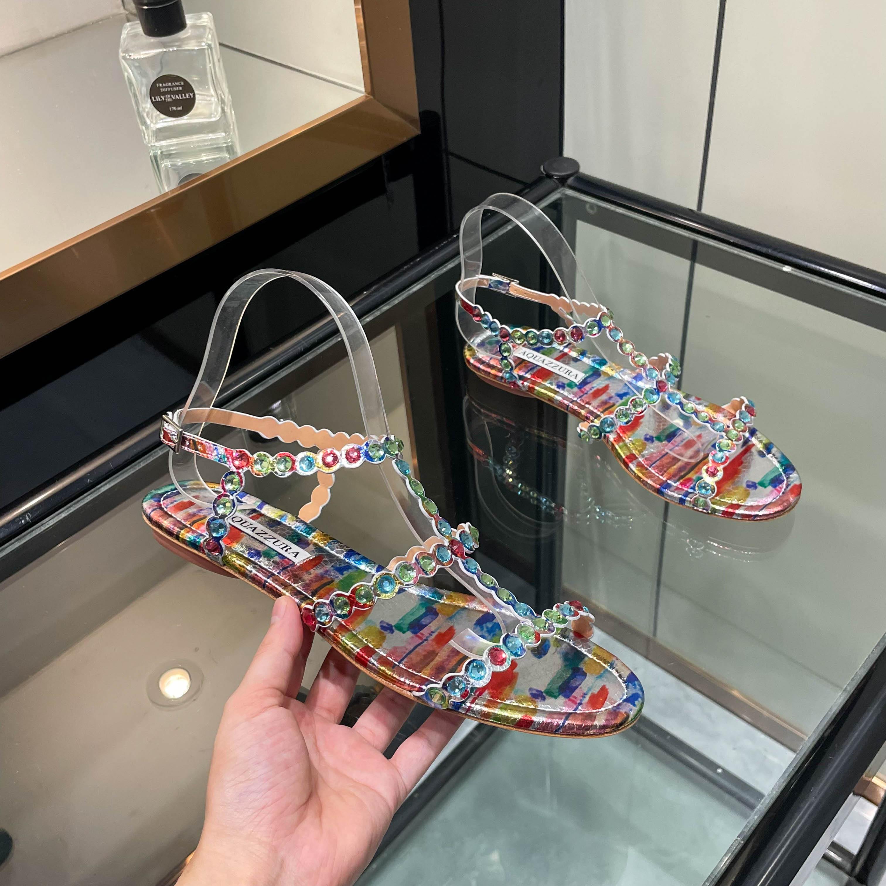 Aquazzura Multicolor Beaded Flat Sandals