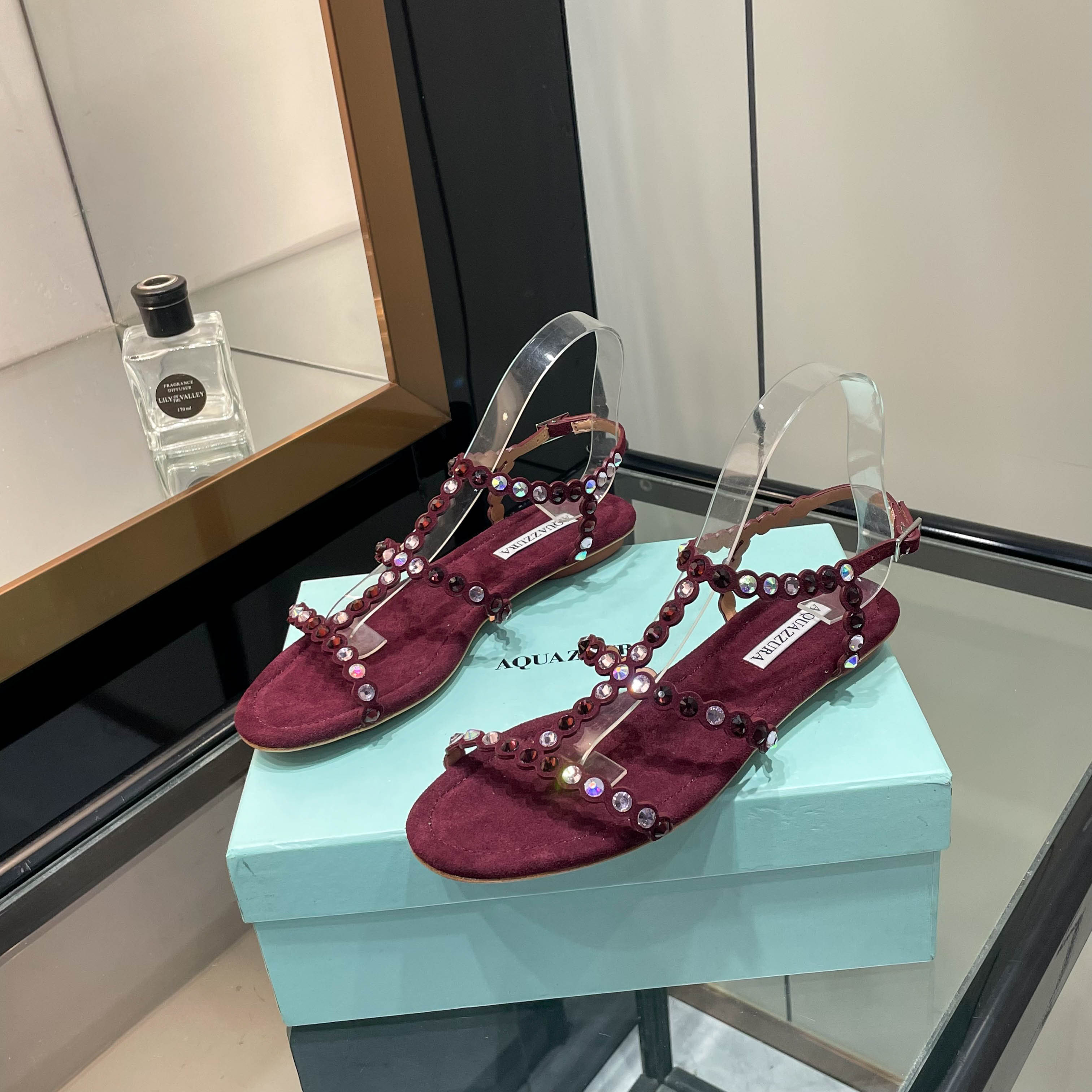 Aquazzura Burgundy Beaded Flat Sandals