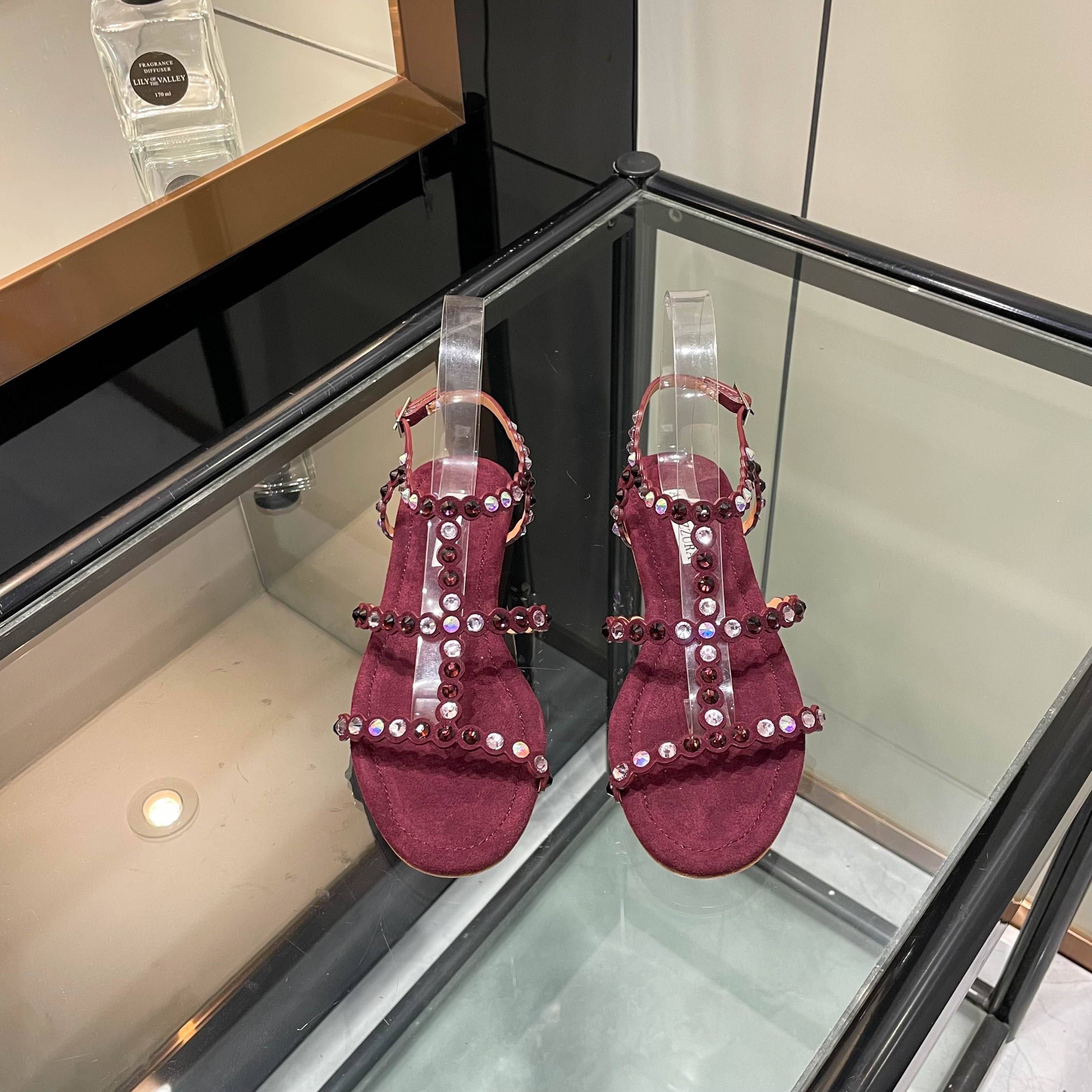 Aquazzura Burgundy Beaded Flat Sandals